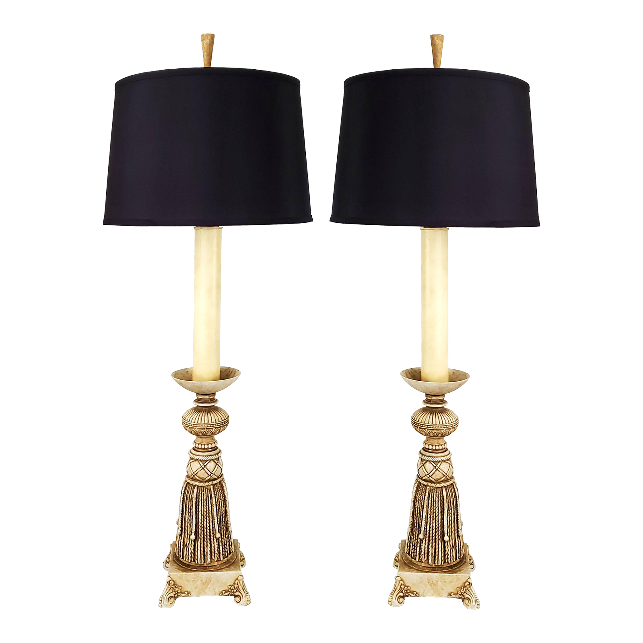 Trompe l'Oeil Tassel Table or Buffet Lamps With Vintage Black Lamp Shades and Finials - a Pair ...