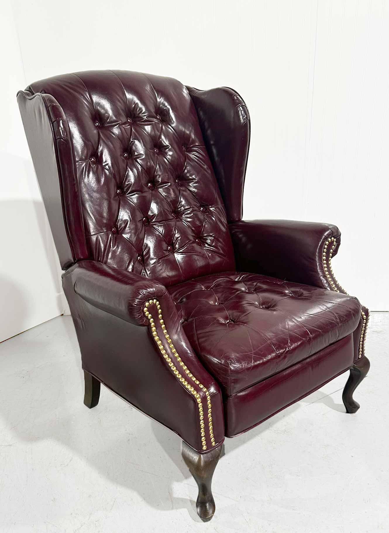 Vintage Traditional Clawfoot Oxblood Leather Wingback Reclining Library  Chair