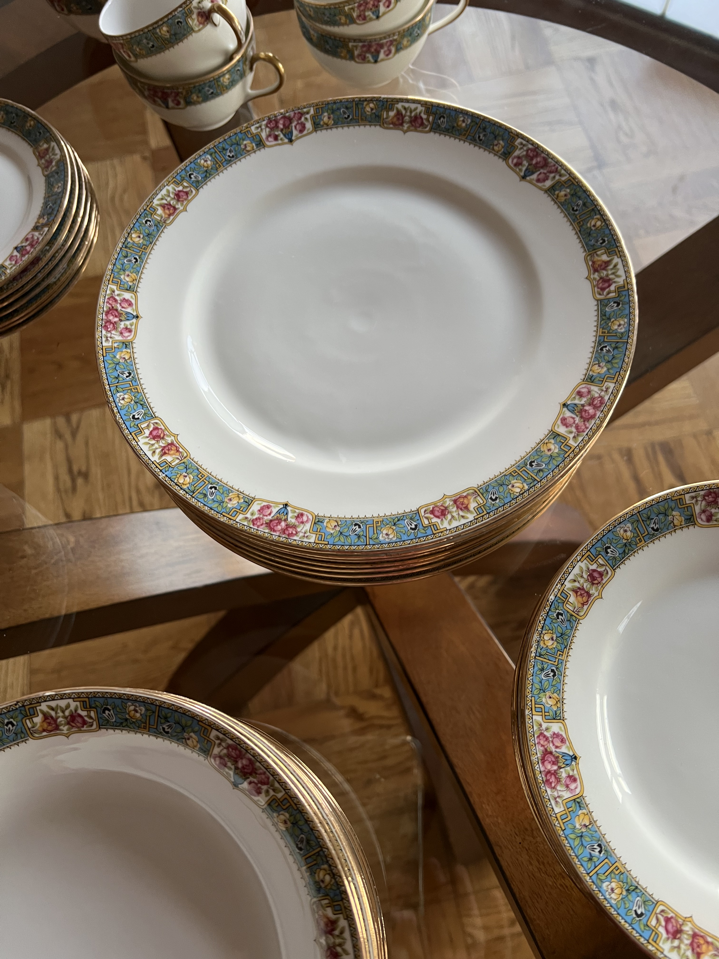 1920s Limoges France Mf Roses, Blue, Gold Rim Dinner Set & Serving