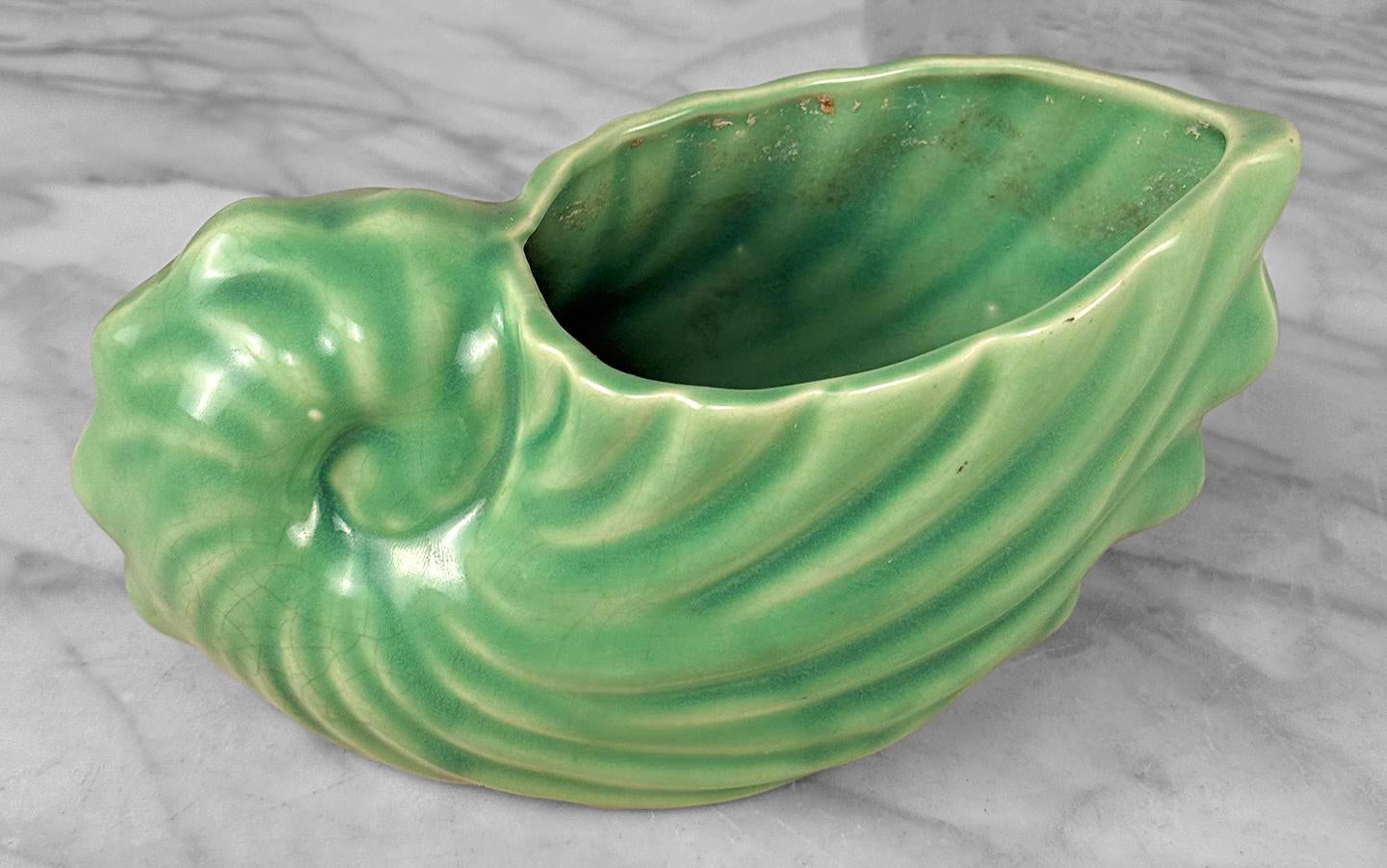 Mid-Century Coastal Avocado Green Nautilus Shell Planter
