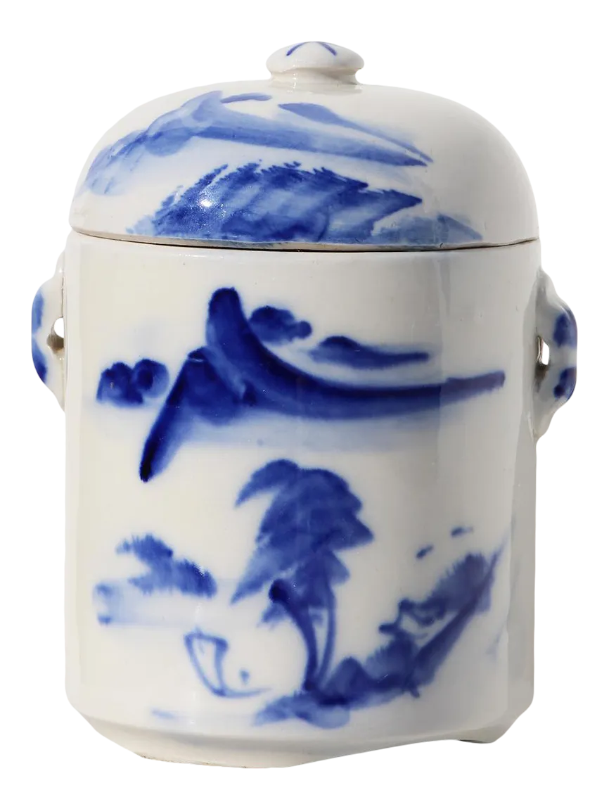 1940s Chinese Celadon Blue & White Tea Caddy