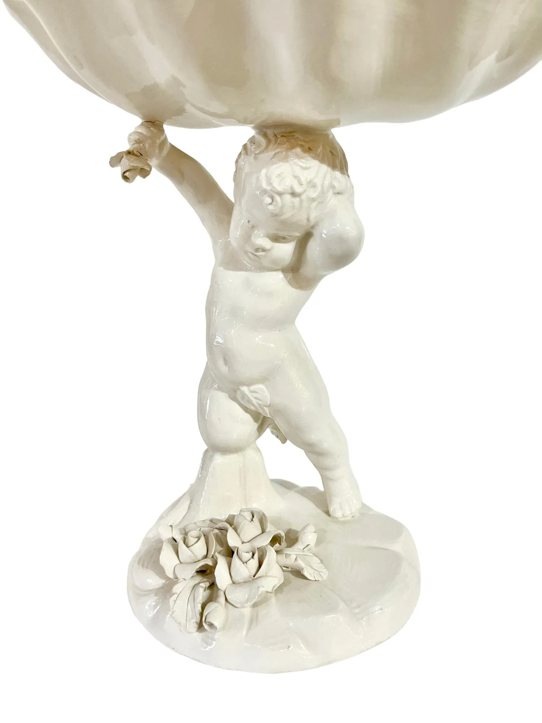 Vintage Italian Capodimonte Style Ceramic Shell With Putti Cherub