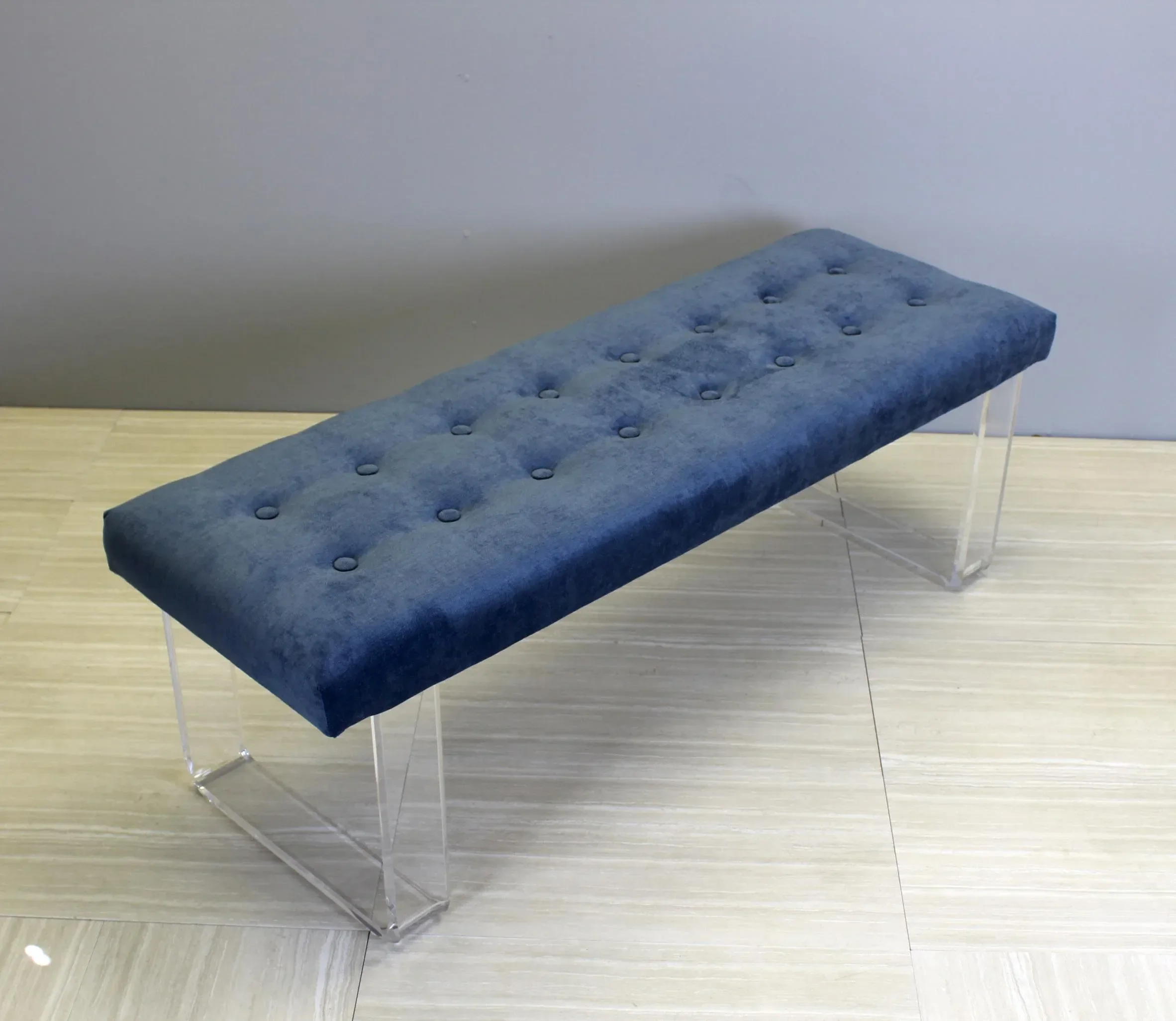 60 Inches Infinity Style Blue Velvet & Lucite Bench
