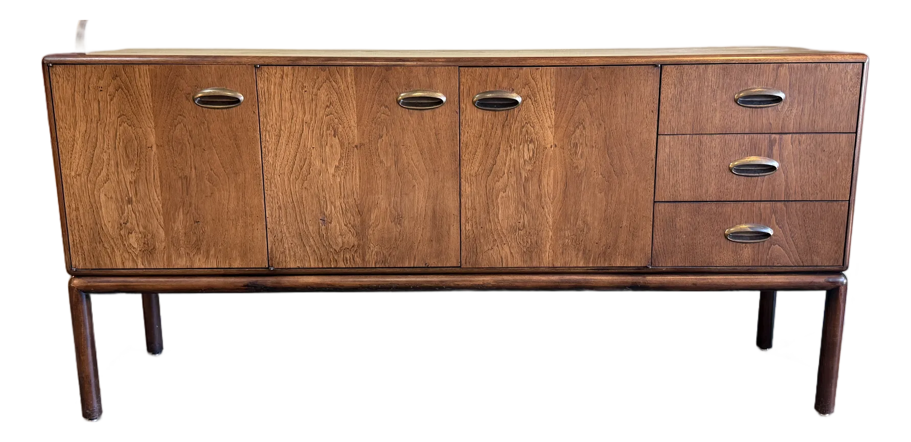1960s Combed Walnut 3 Door 3 Drawer Credenza