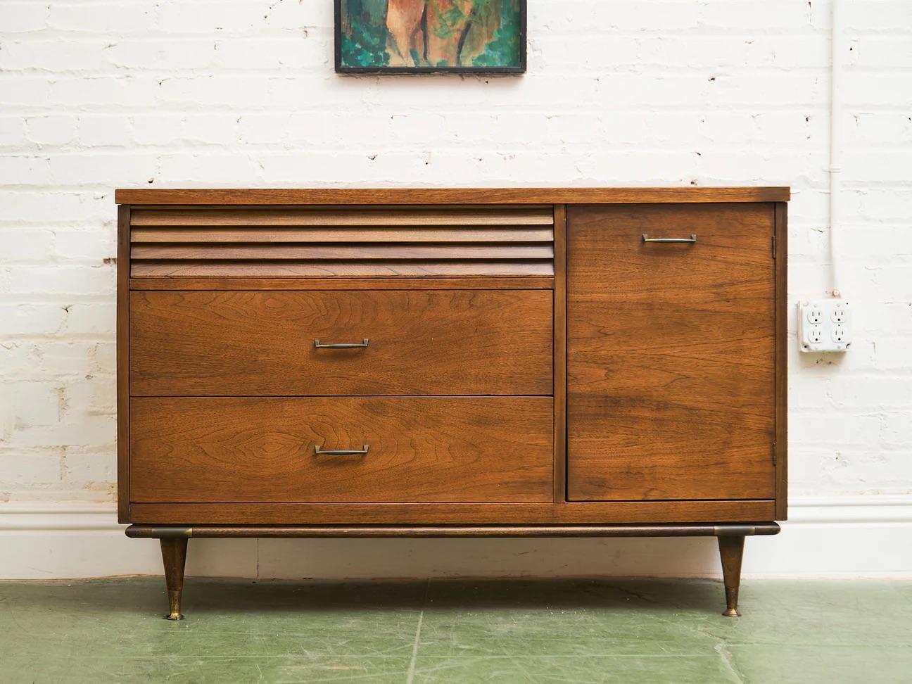 Merton Gershun Style Bassett Mid Century Walnut and Brass Louvered