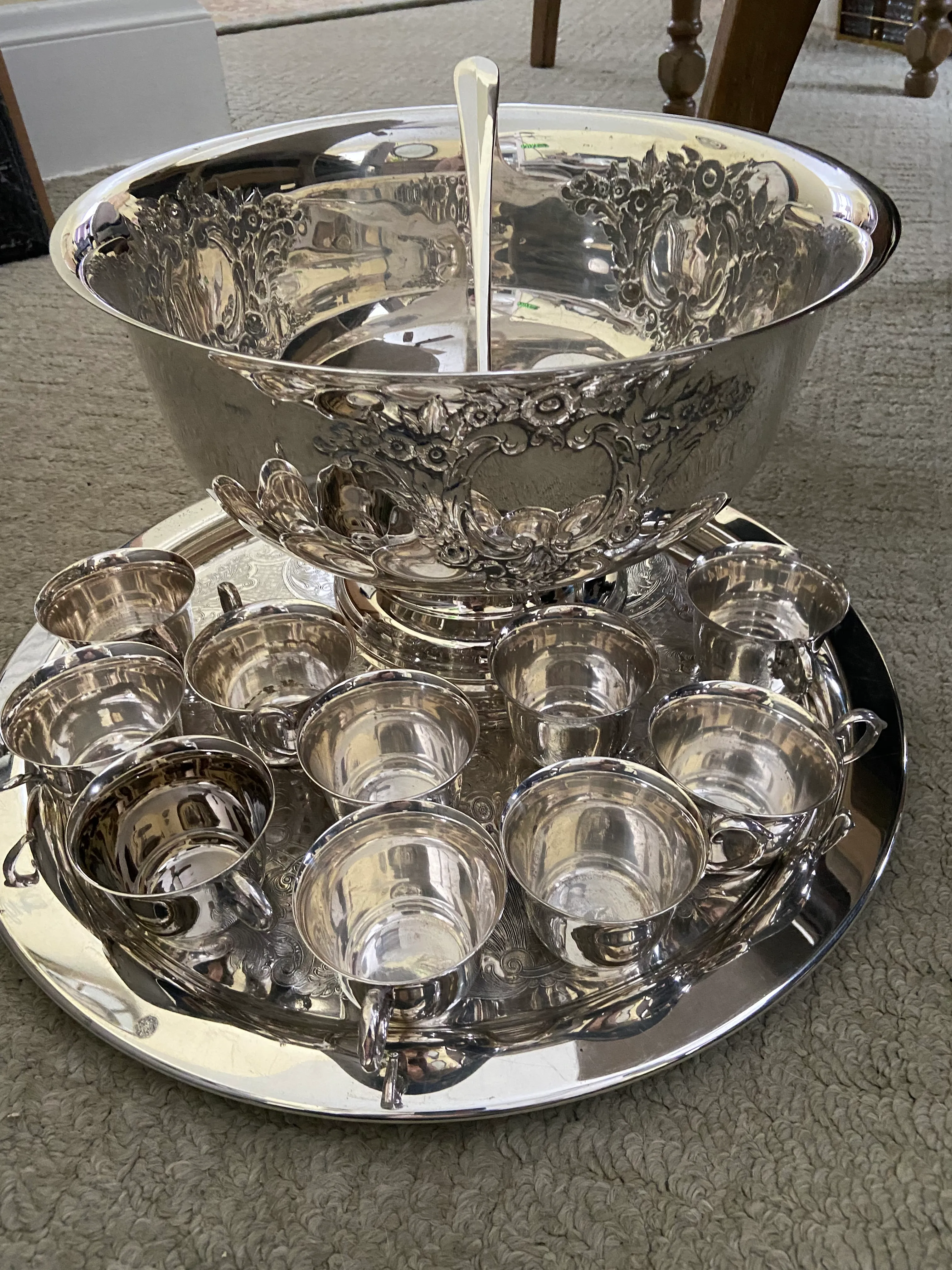 Vintage Silverplate Punch Bowl Monogram Tray Cup Set- 13