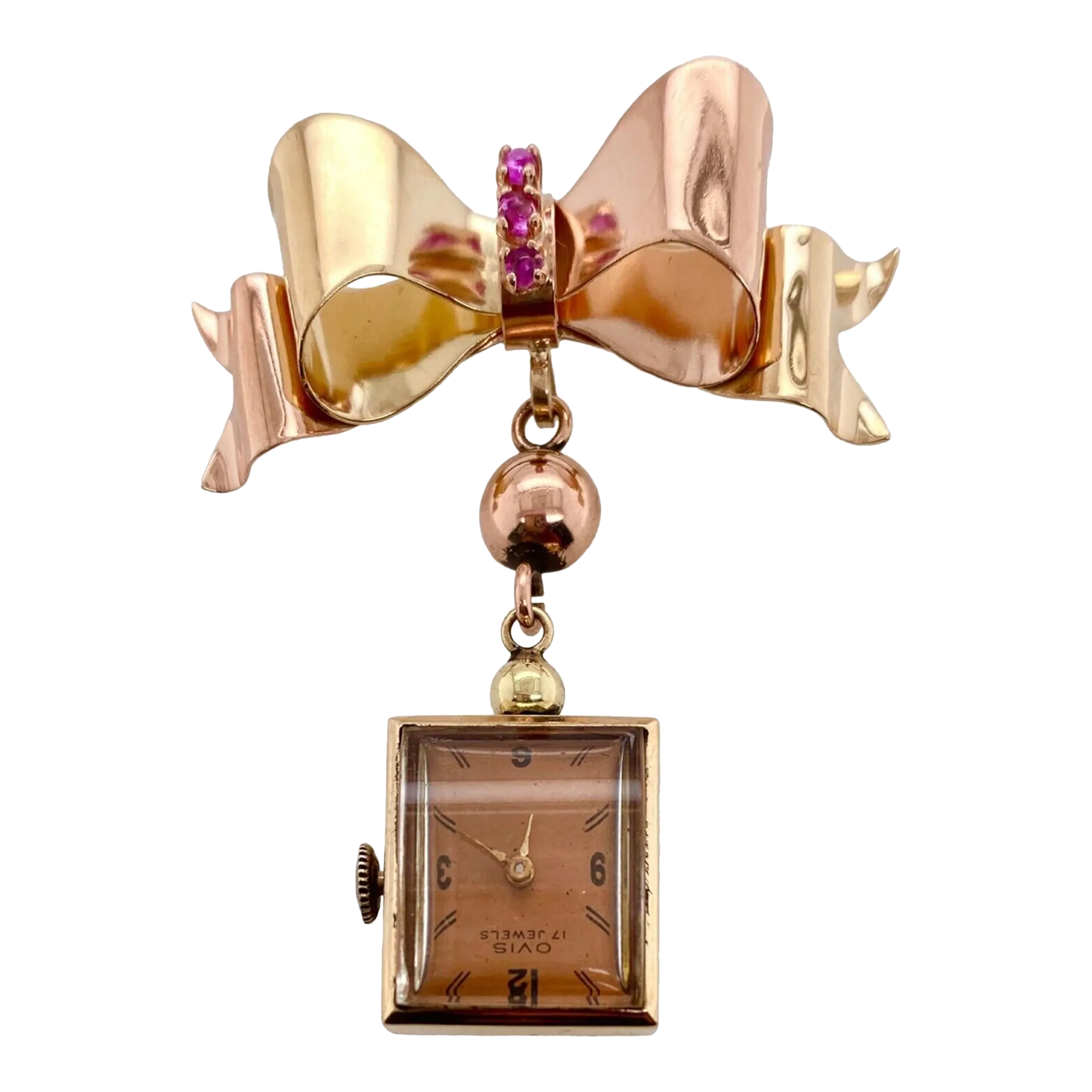 1940s 14k Rose & Yellow Gold Ruby Bow Watch Pin With Watch Chairish