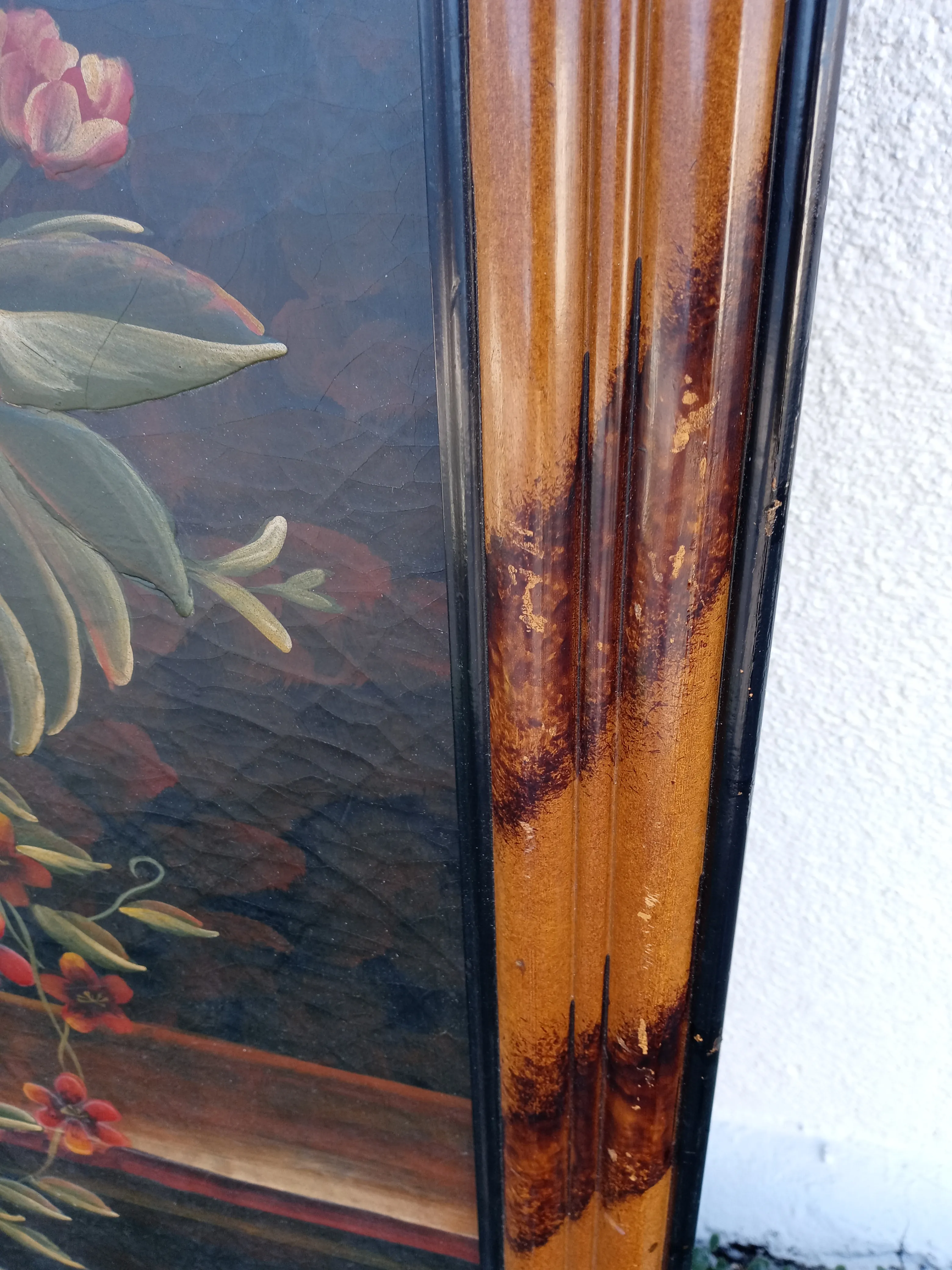 Large Vintage Wood Panel Painted Floral Urn Tortoiseshell Framed Wall Art