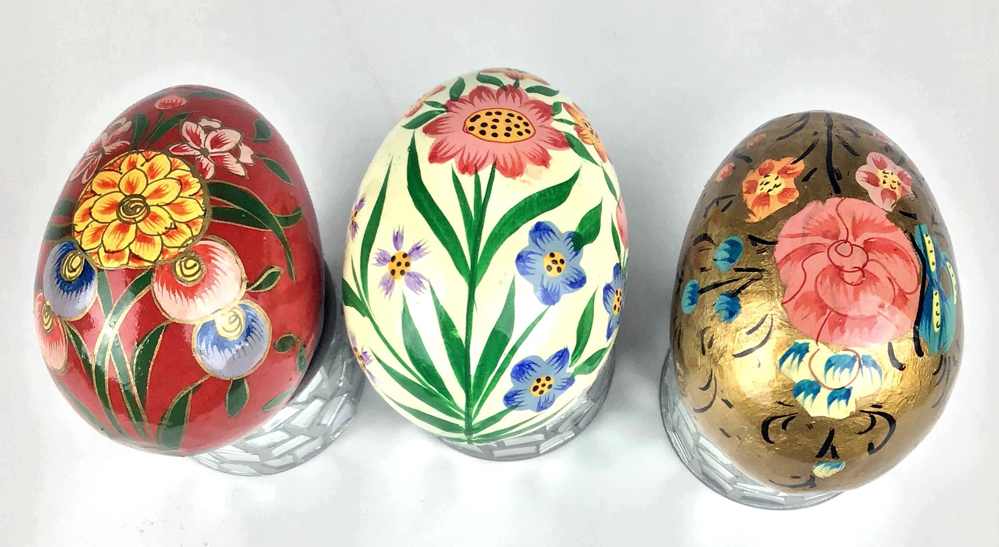 Vintage Hand Painted Colorful Decorative Designed Wooden Eggs 3 - Set Of 8