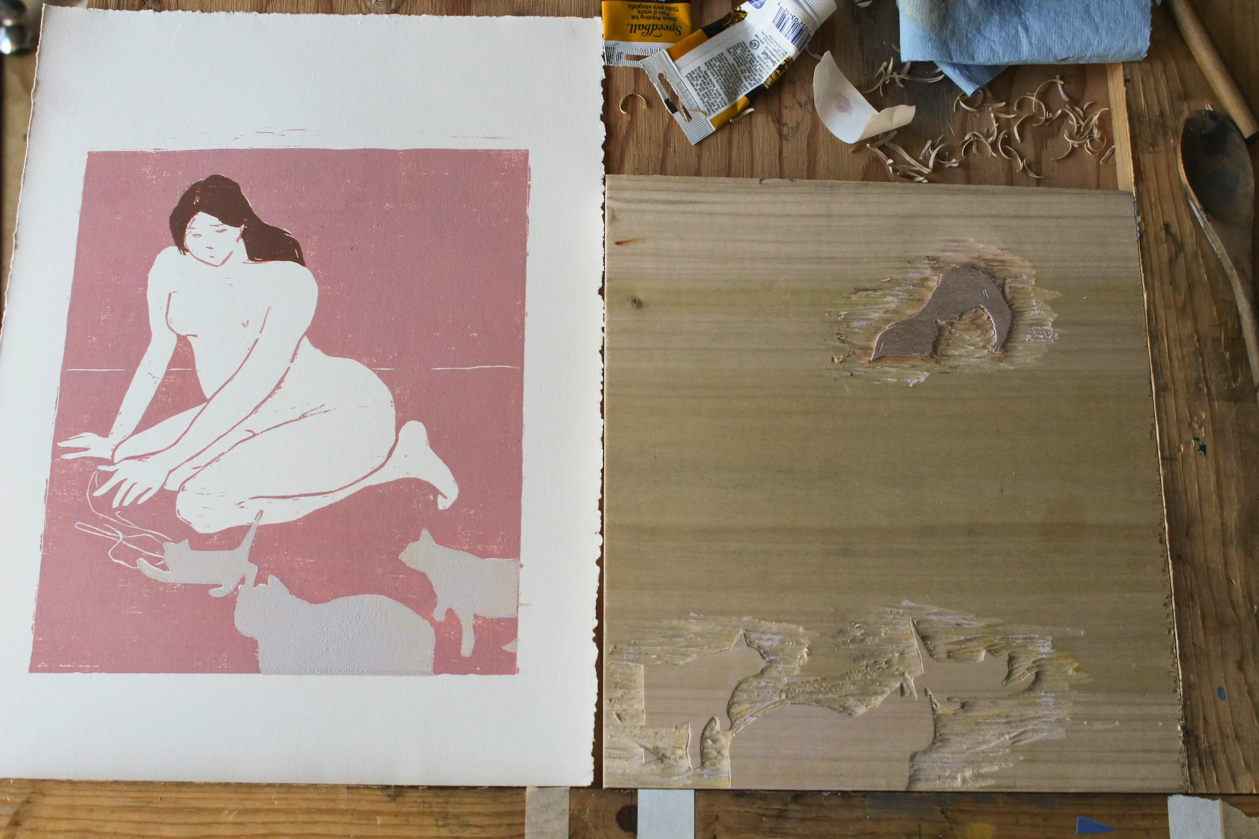Cat Lady Original Woodblock Print by Michelle Farro
