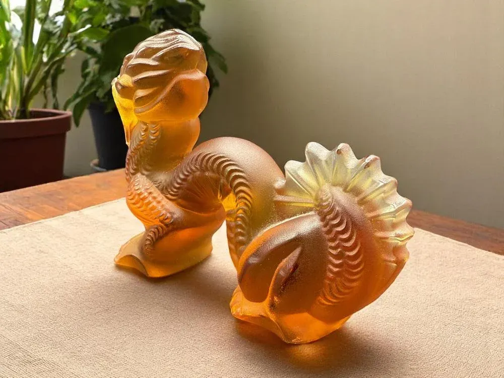 Chinese Dragon Sculpture in Amber and Frosted Glass by René