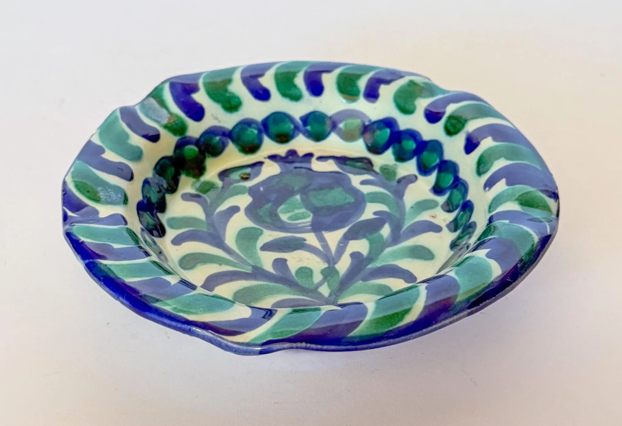 Vintage Granada Spanish Fajalauza Blue, Green, White Pomegranate Bowl
