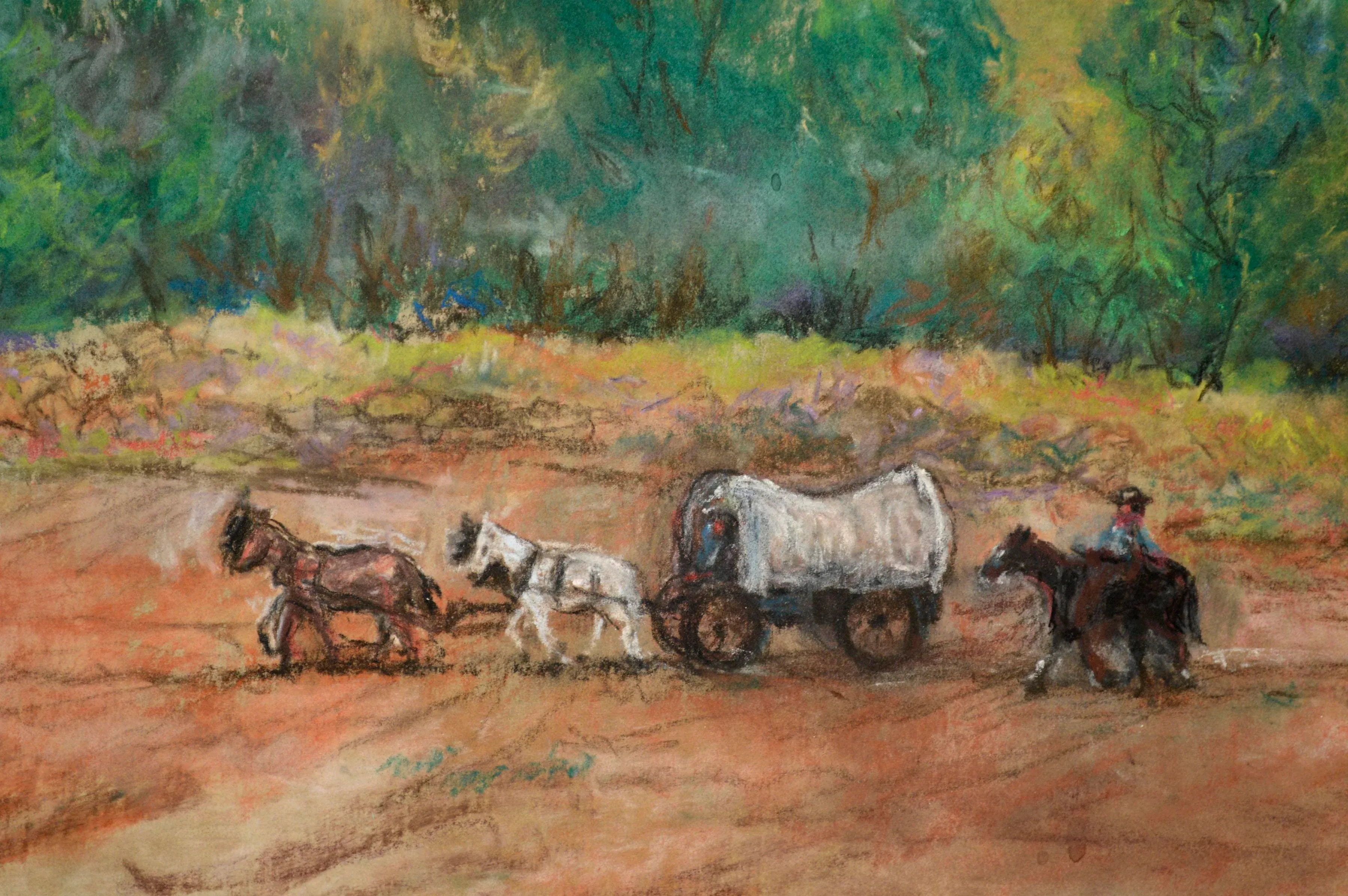 Late 20th Century Pioneer Mountain Landscape Pastel Drawing