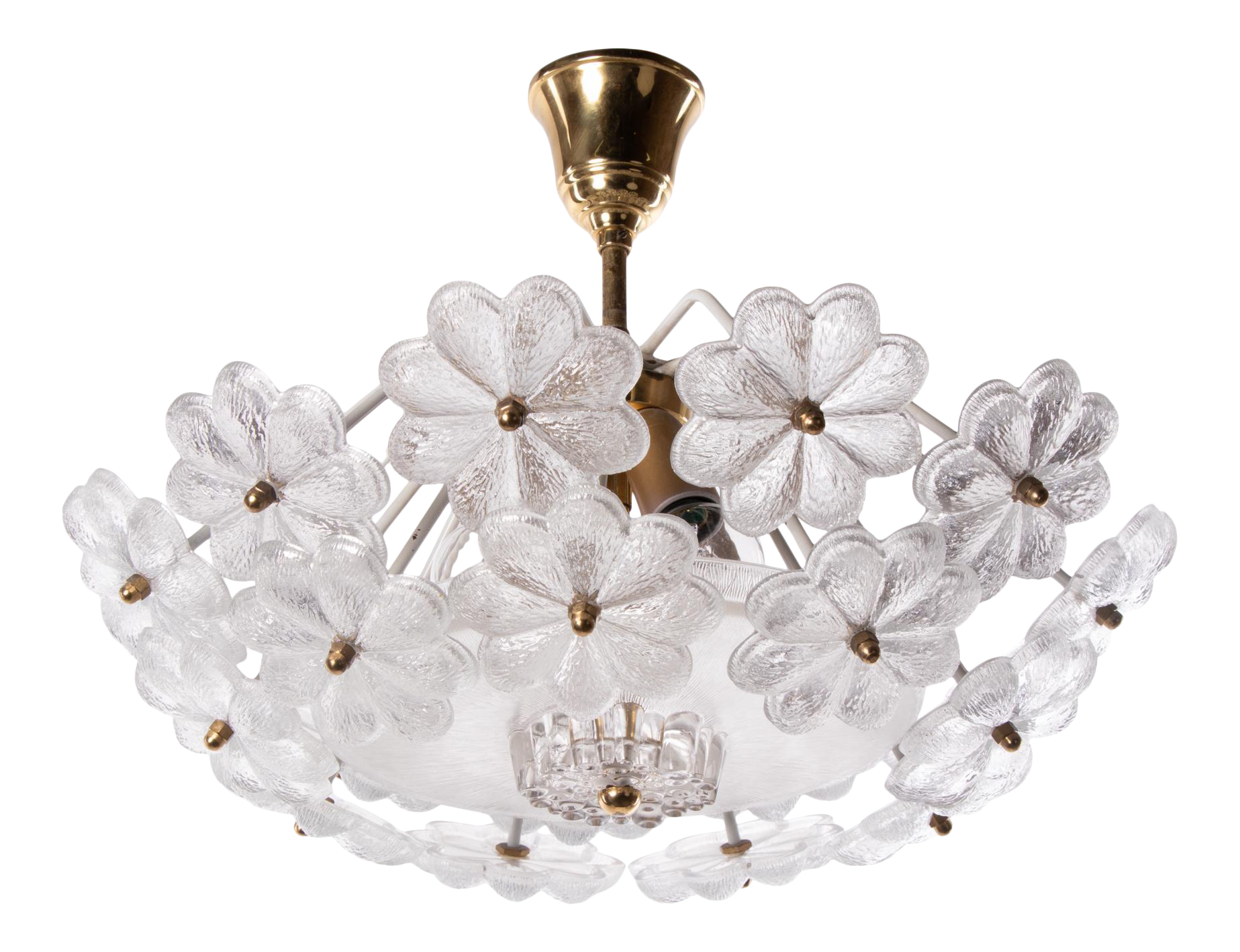 Small Floral Glass & Brass Flush Mount Chandelier by Palwa, Germany