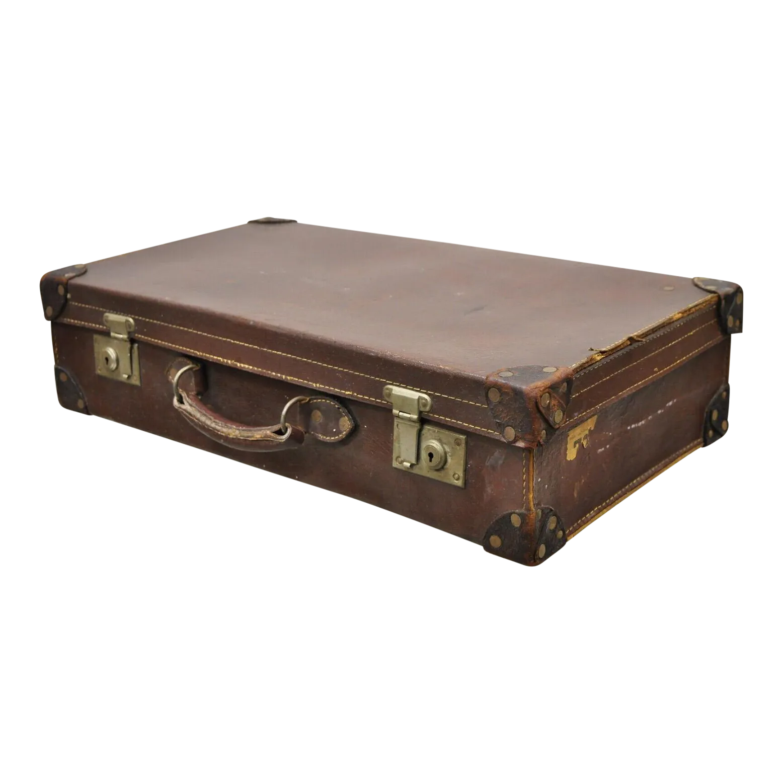 Antique Art Deco Brown Leather English 25" Luggage Travel Suitcase