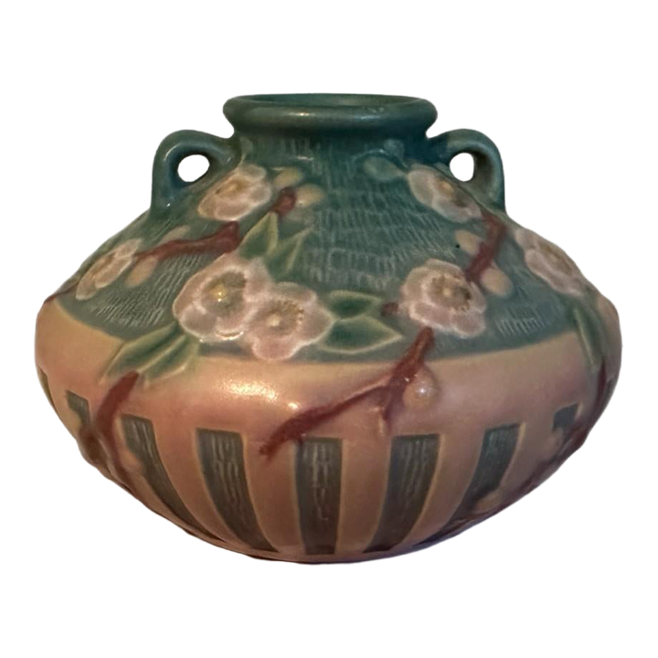 Vintage 1930s Roseville Pottery Cherry Blossom Jardiniere Vase in Pink & Green main image 3