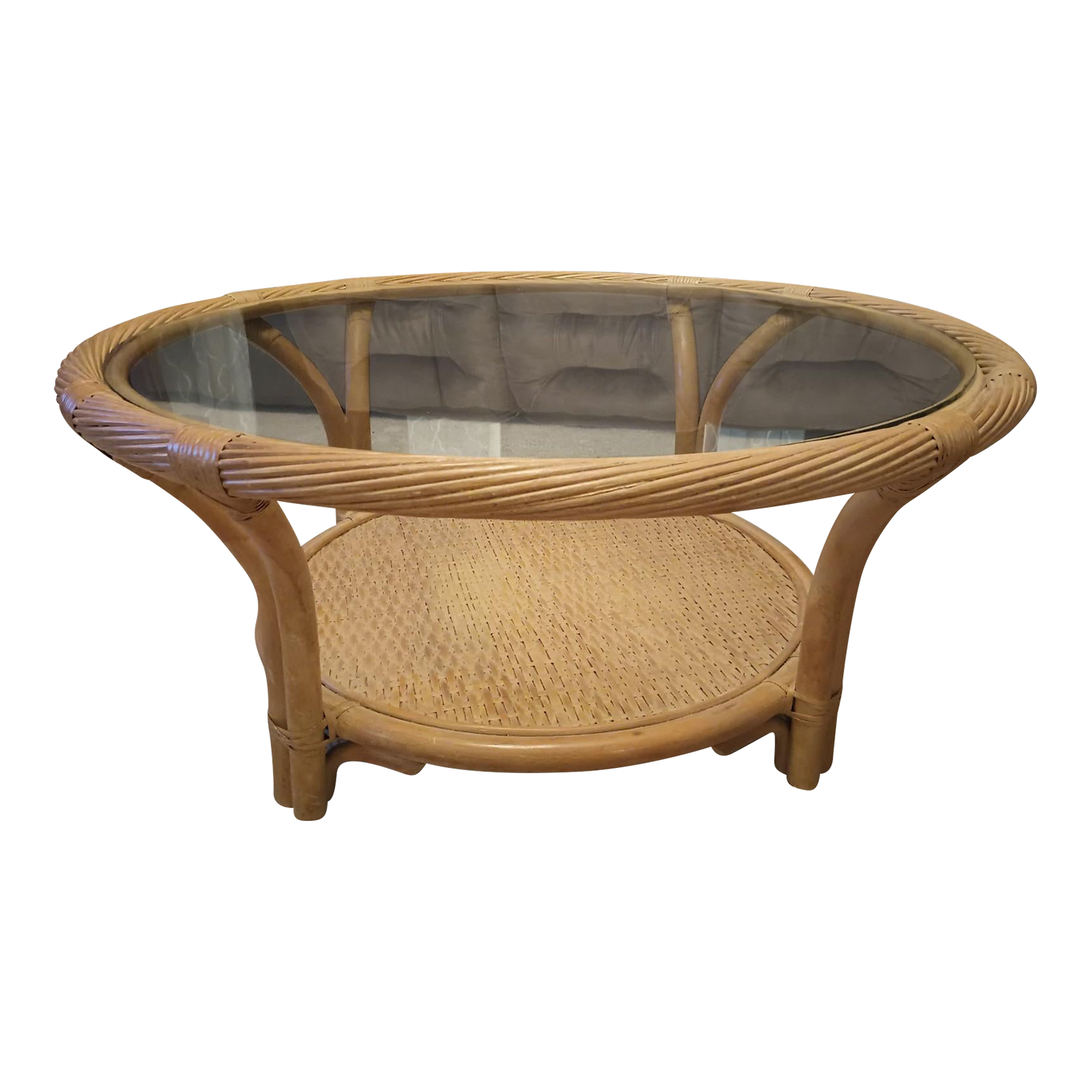 Late 20th Century 2 Tiered Bamboo Rattan Wicker Glass Top Coffee Table