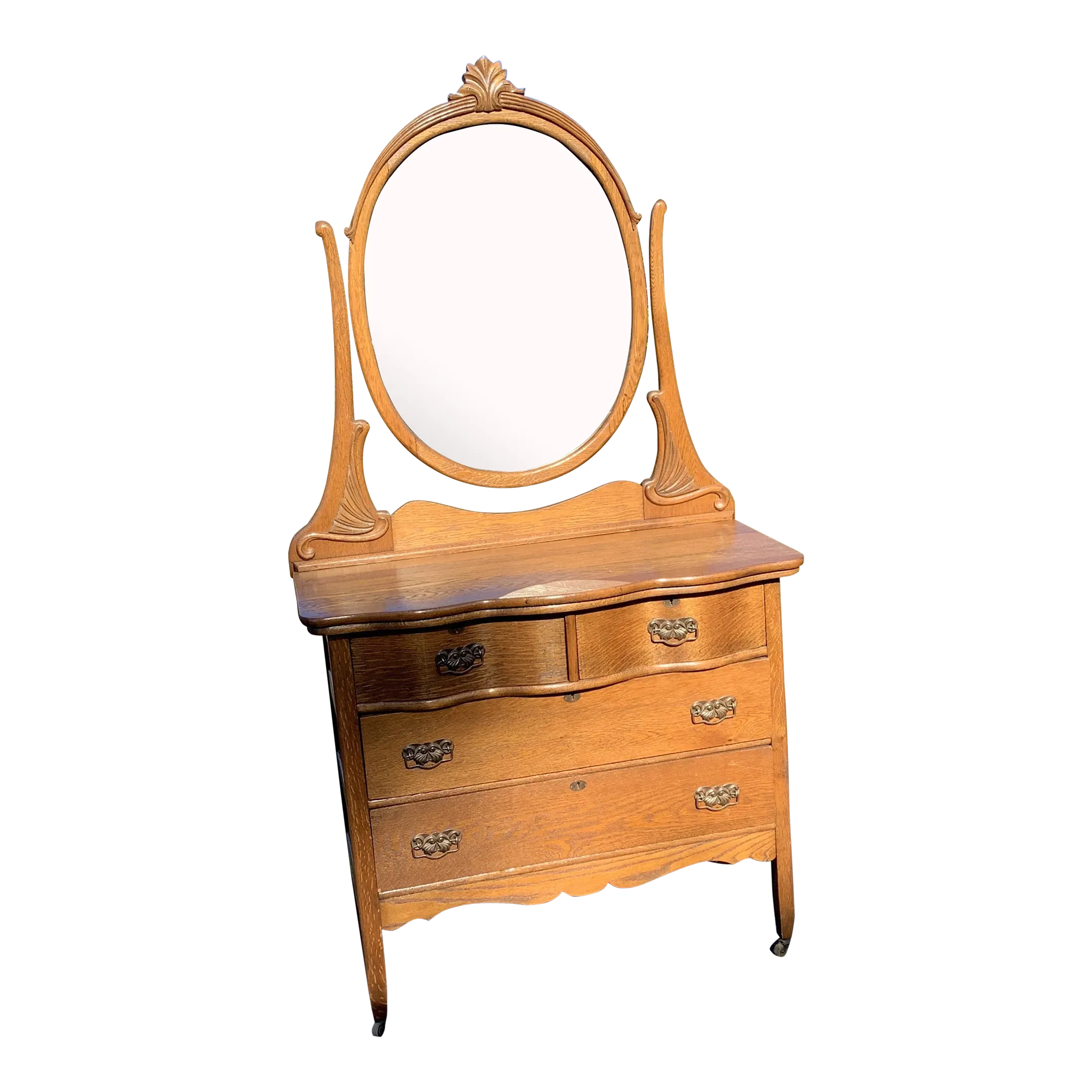 Antique Oak Full Sized Dresser With Harp Mirror