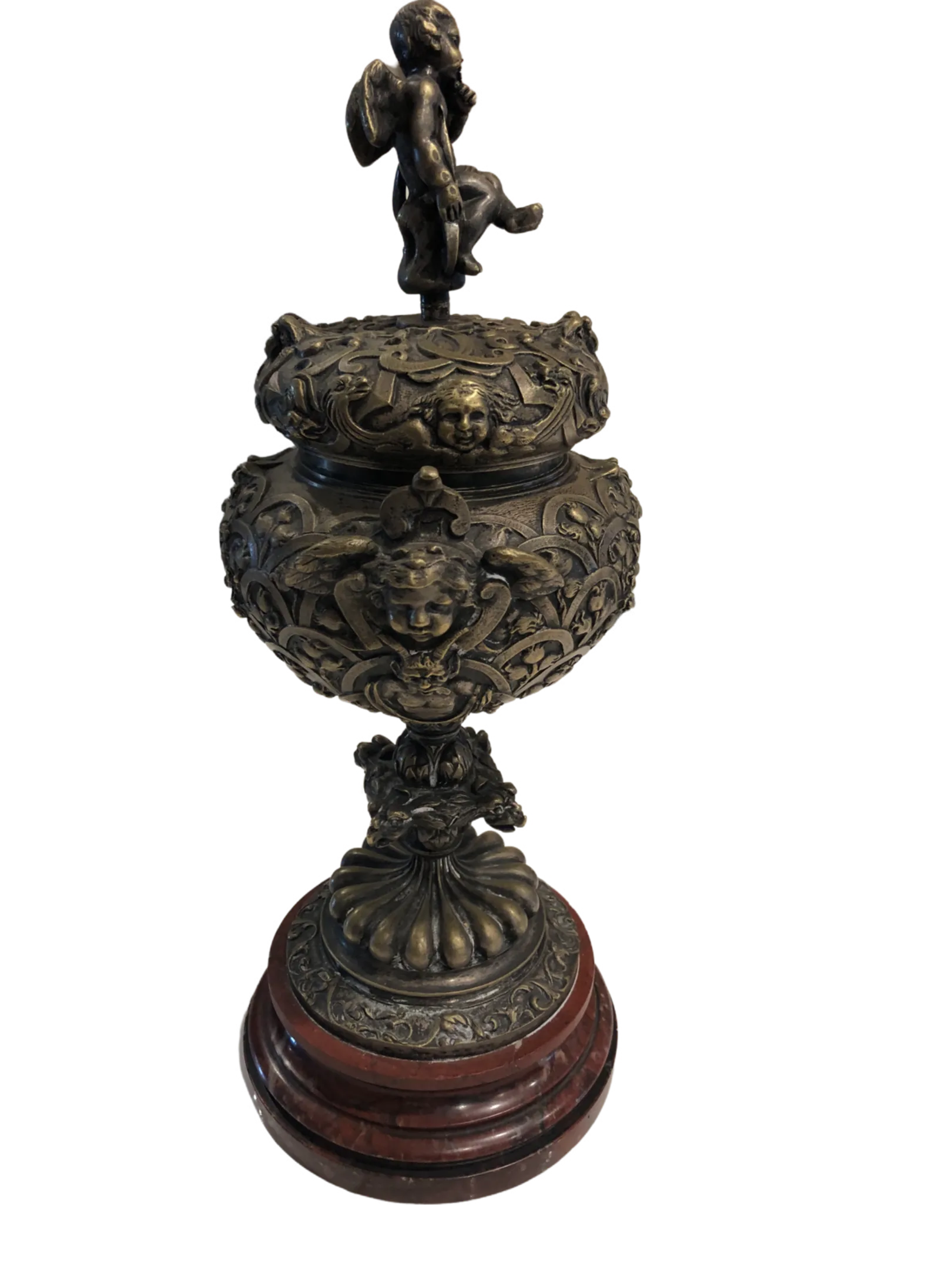 Late 19th Century Silver-Tone Metal Ornate Urn With Marble Base