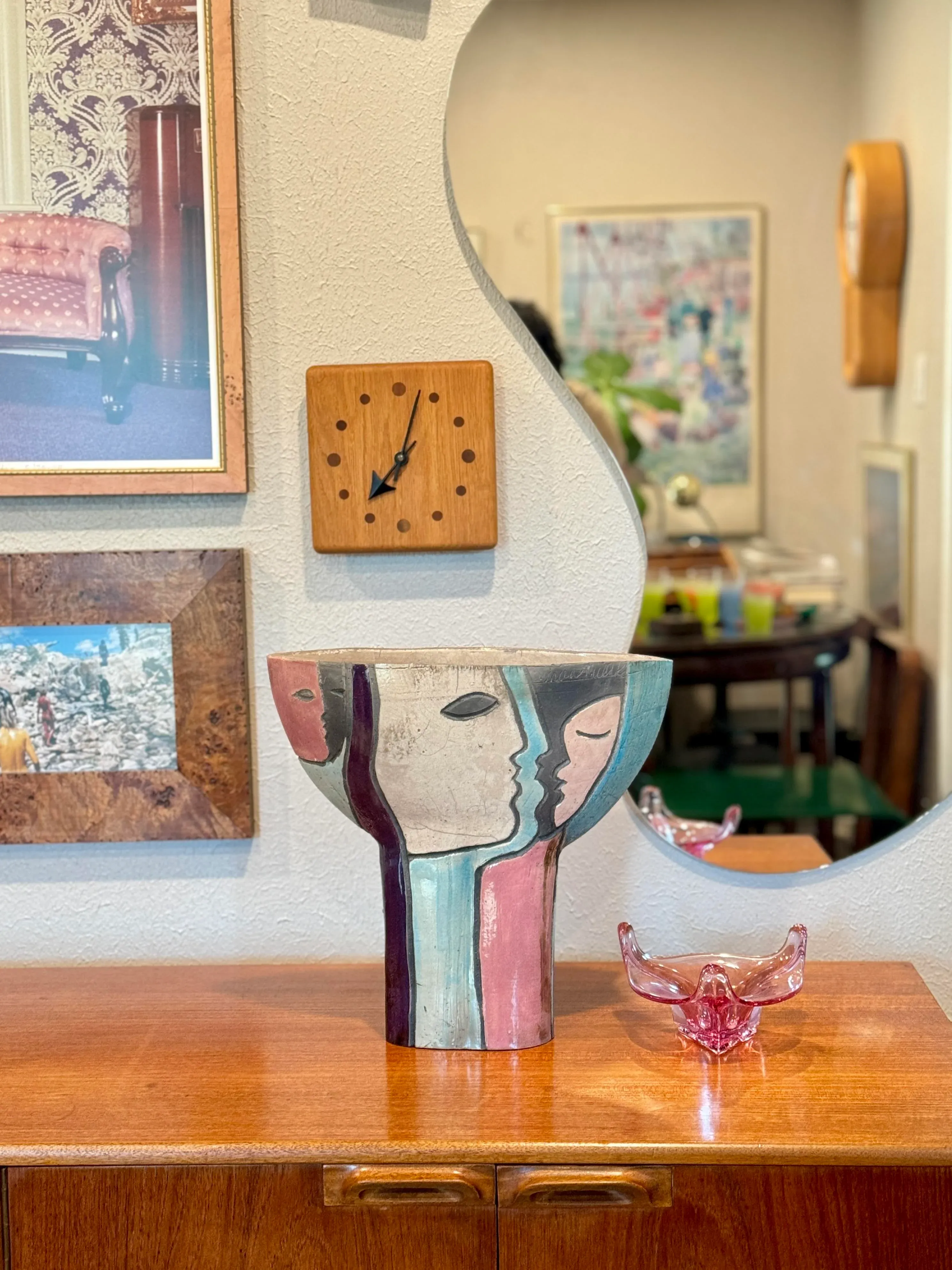 Modernist Raku Pottery Ceramic Vase With Abstract Faces