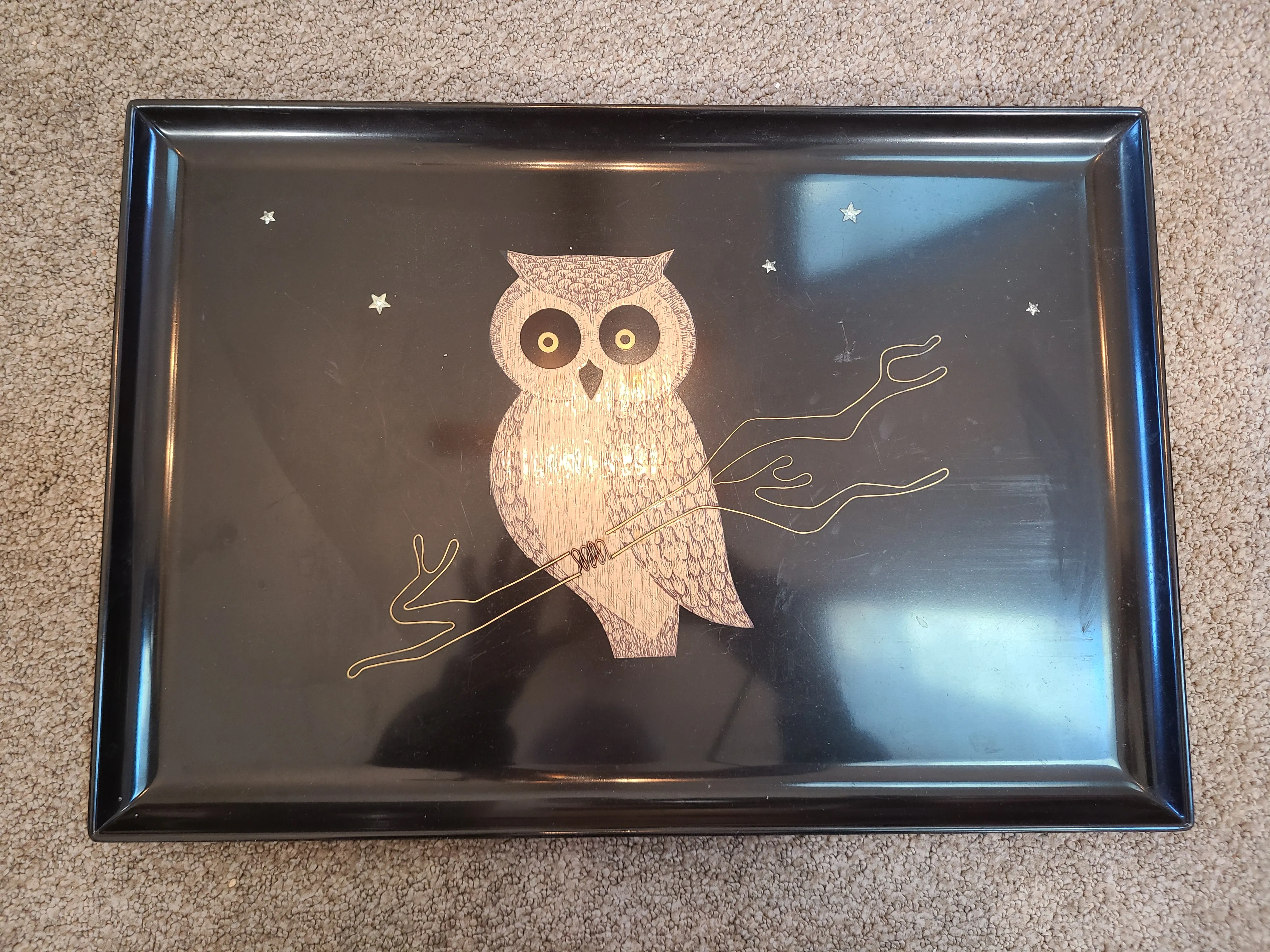 1960s Couroc of Monterey Black Resin Owl Tray | Chairish