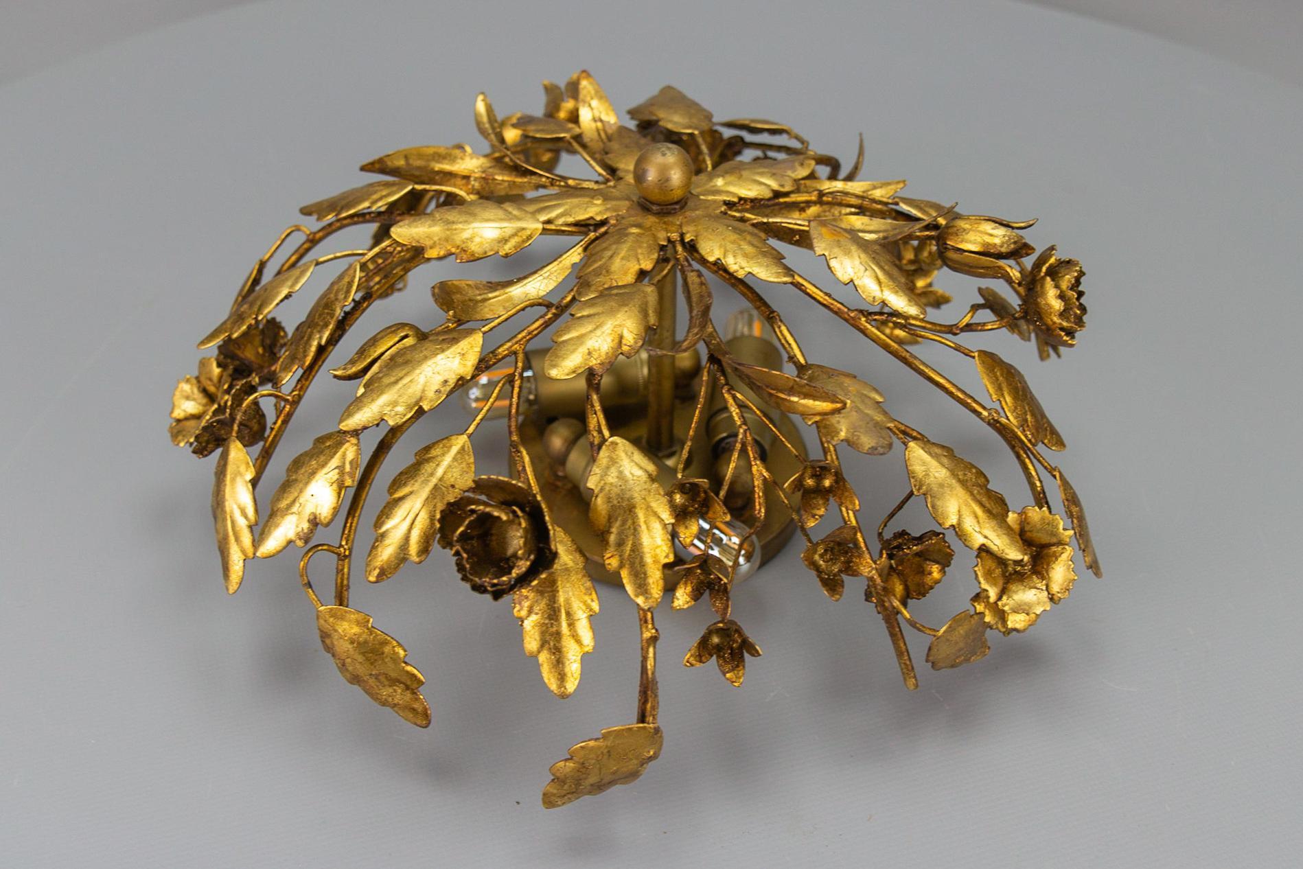 Hollywood Regency Style Gilt Metal Floral Flush Mount or Ceiling Light, 1970s