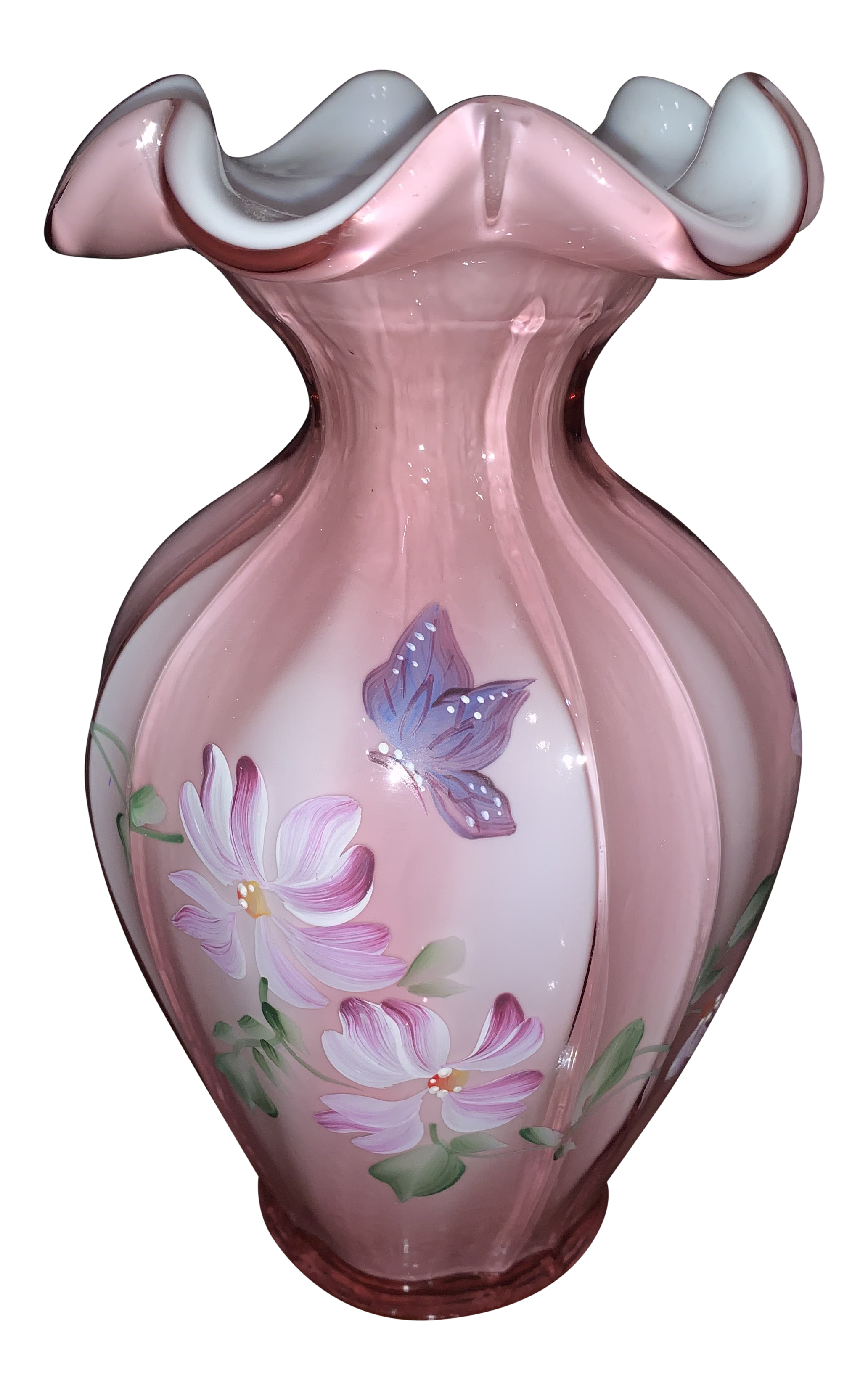 Fenton Pink Vase Hand Painted Flowers Chairish