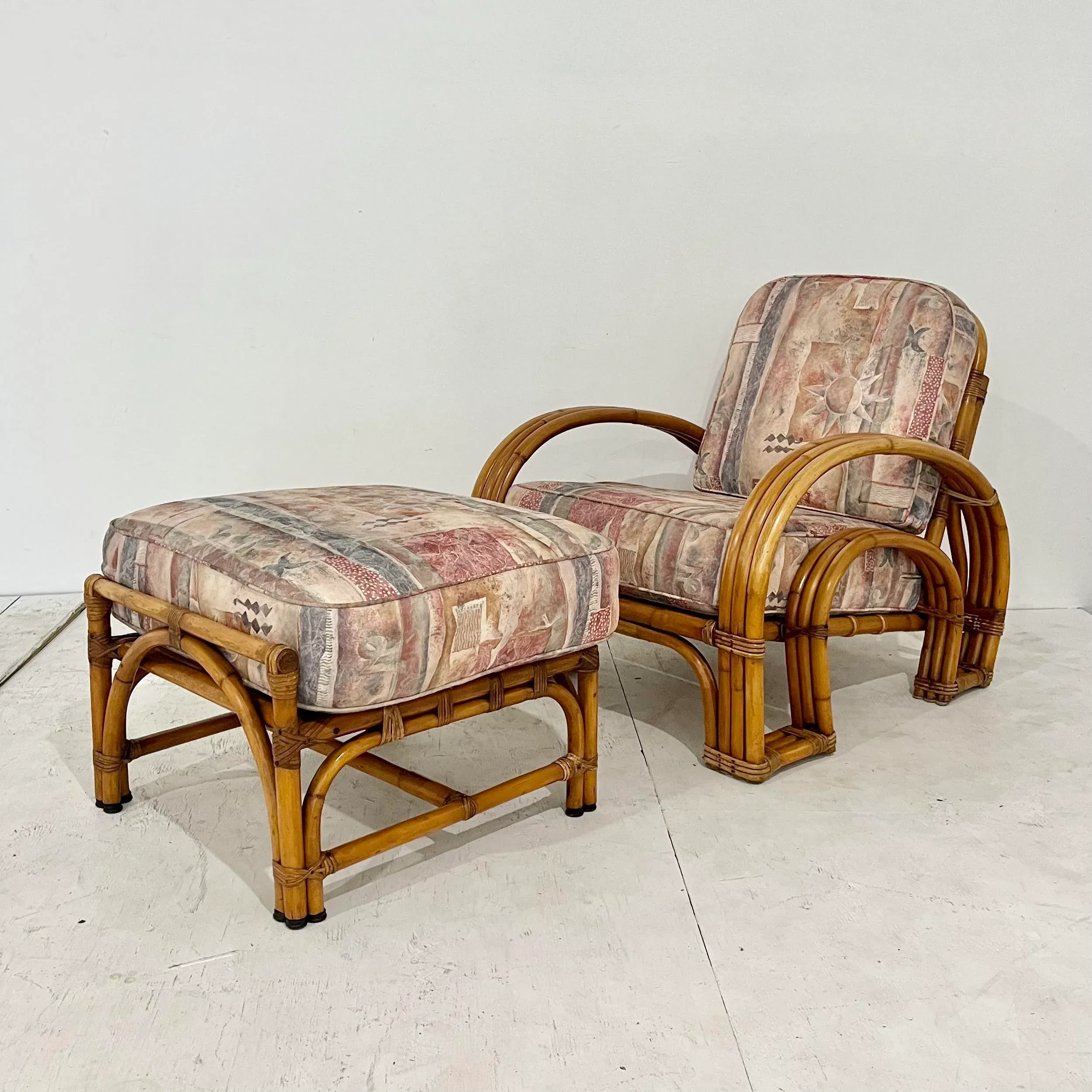 Mid Century Rattan Horseshoe Lounge Chair and Ottoman Set | Chairish