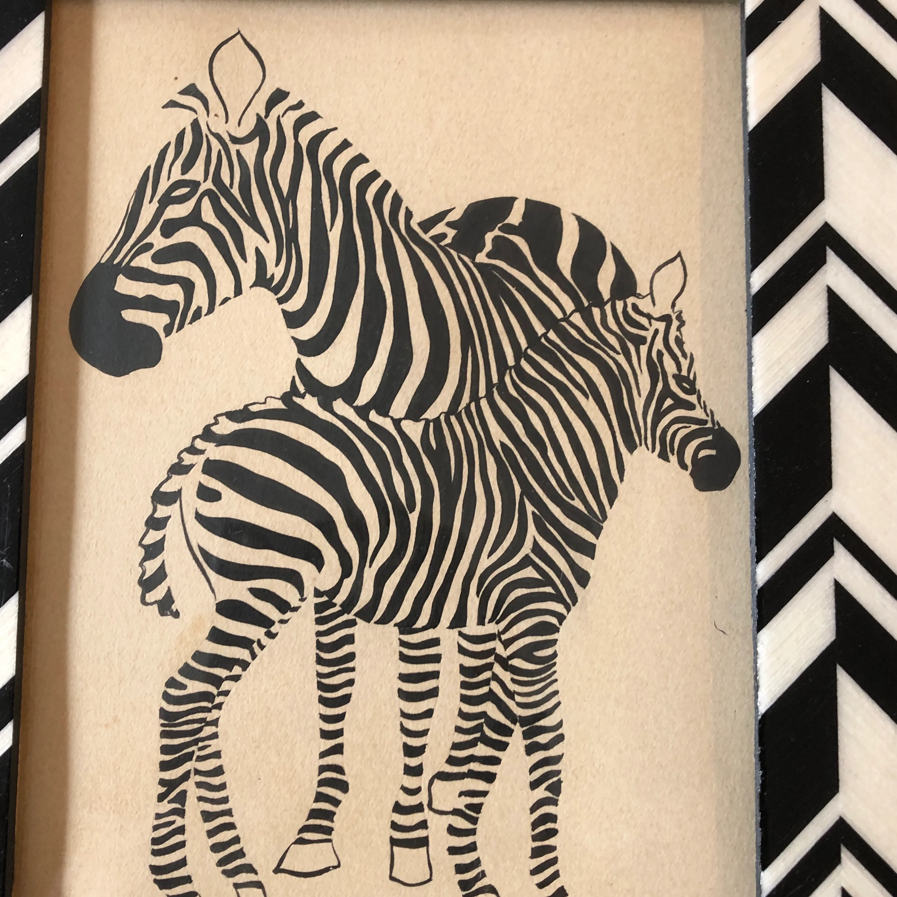 1970's Vintage Small Zebra Print Inlaid Wood Tabletop Frame