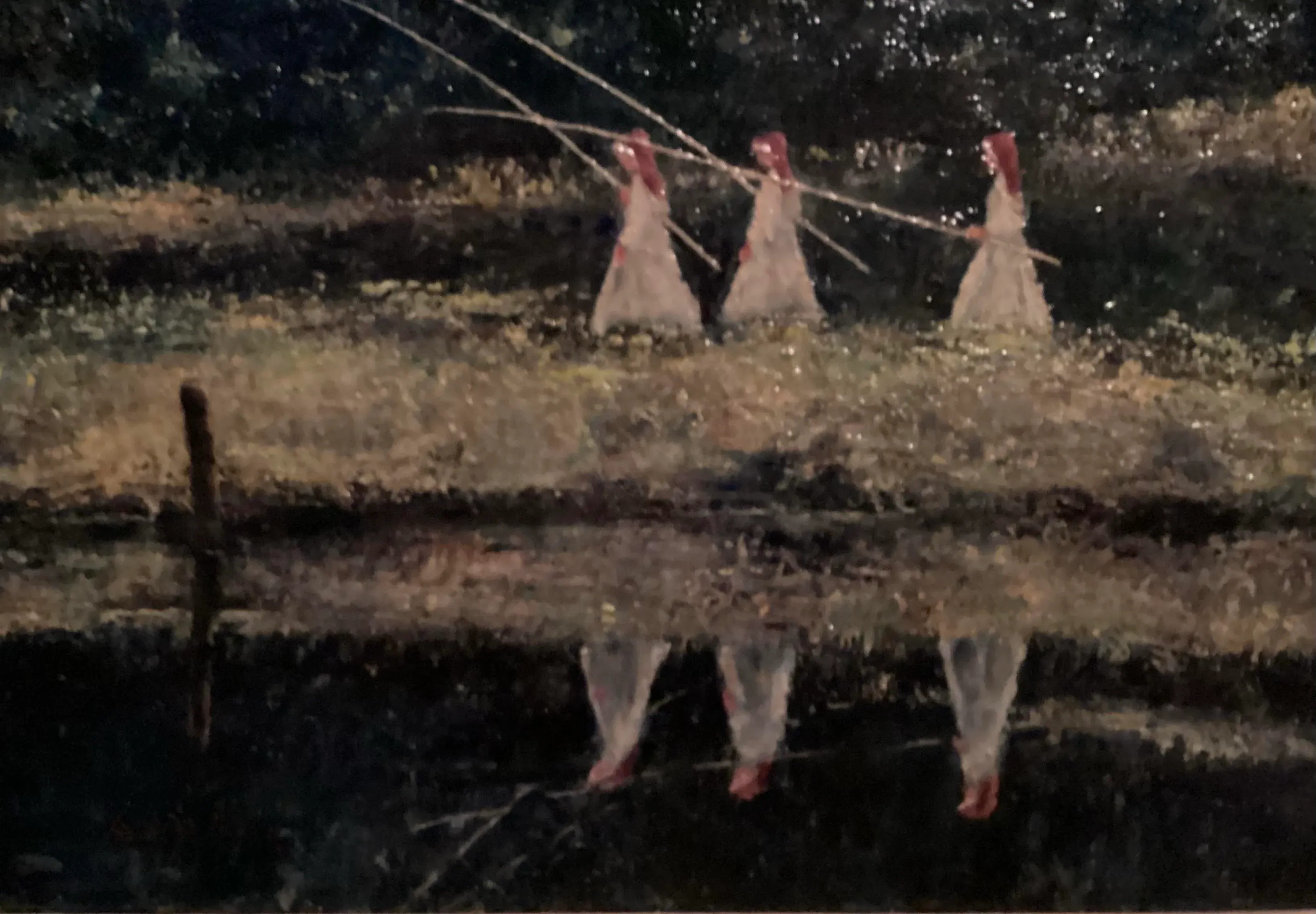 Original Oil Painting, Landscape With 3 Sisters Fishing, Signed by Artist “G.Wodzik” in Red.