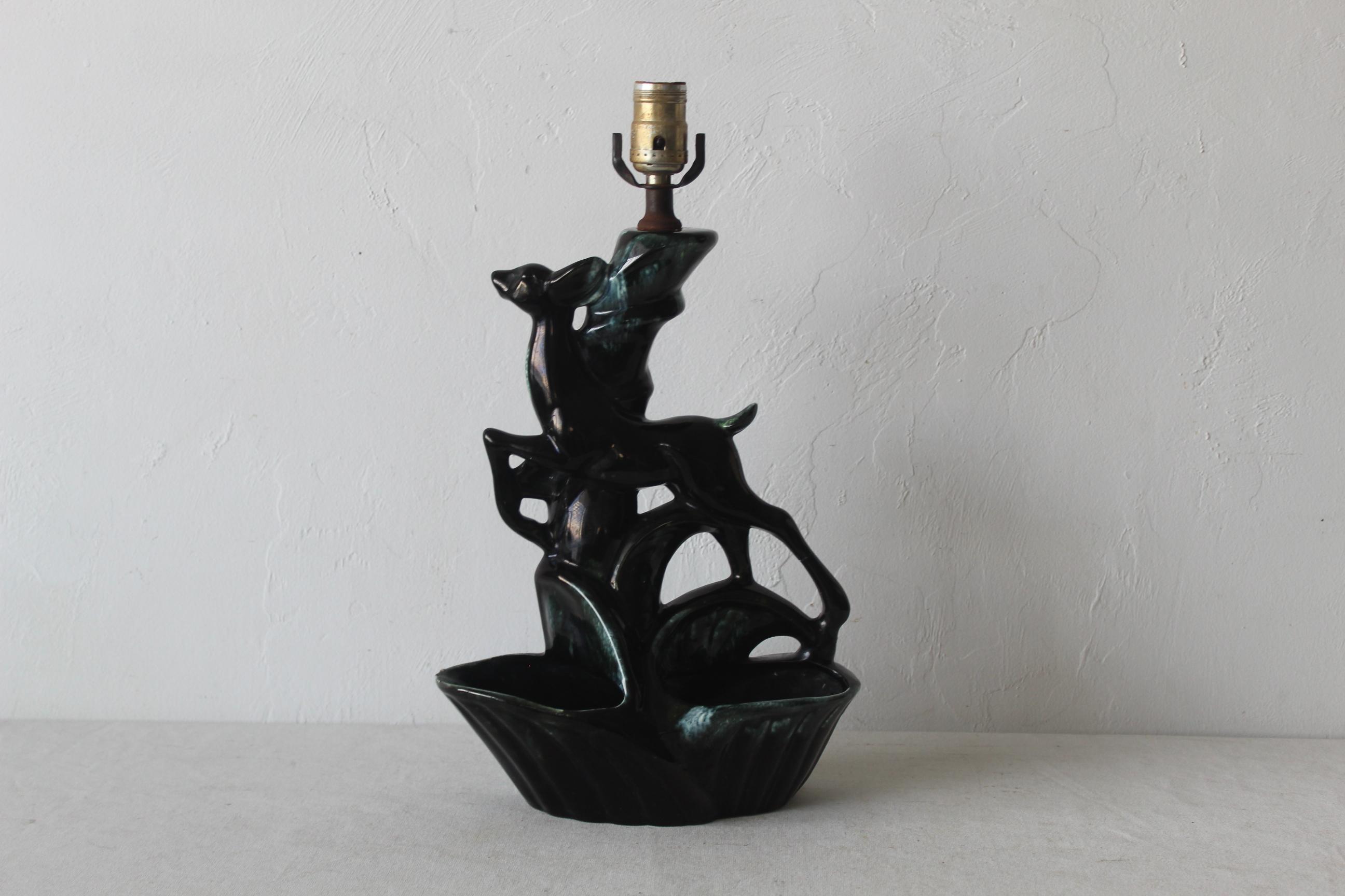 Vintage Mid Century Blue Black Green Prancing Deer Ceramic Table
