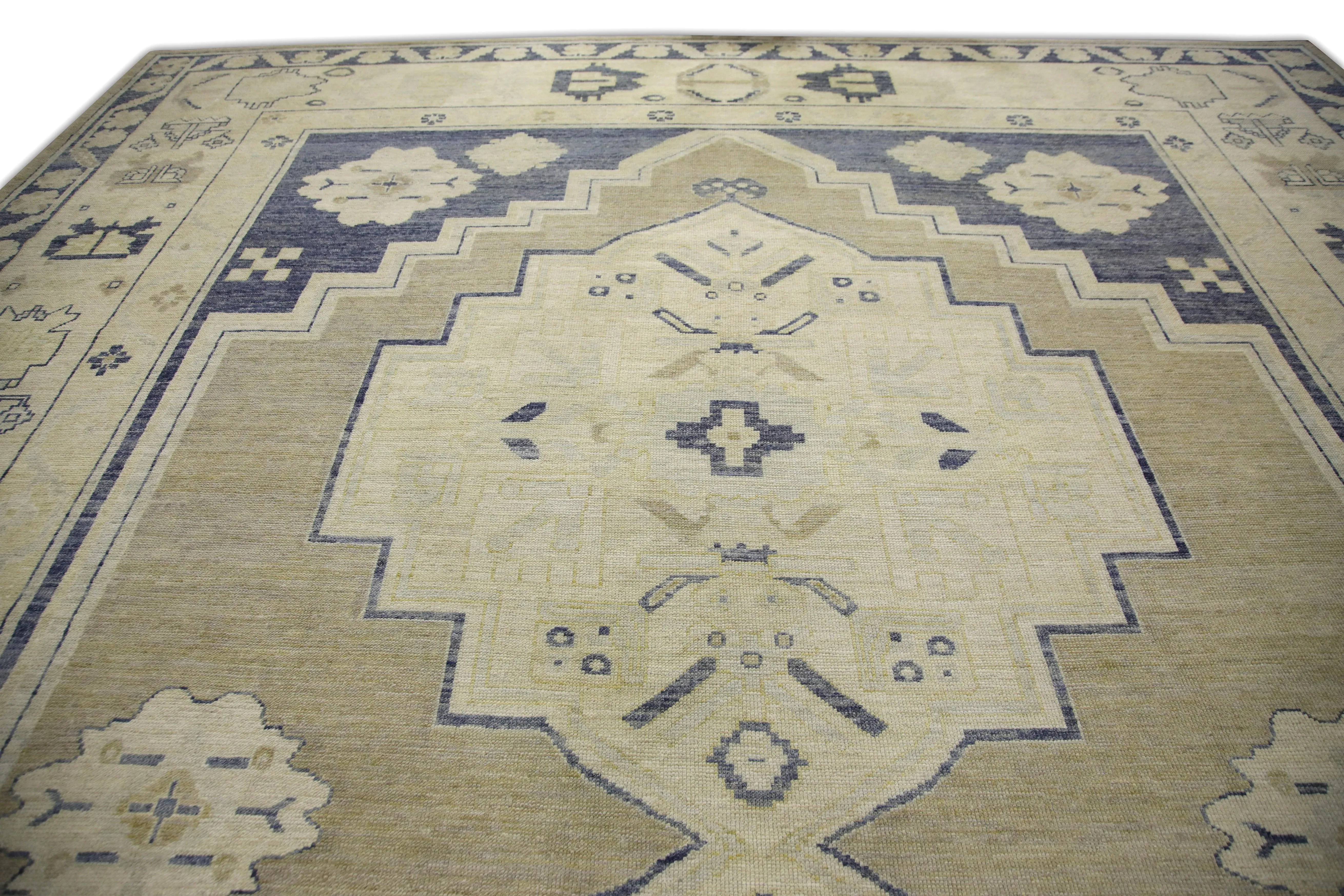 Early 21st Century Beige & Blue Handwoven Turkish Oushak Rug