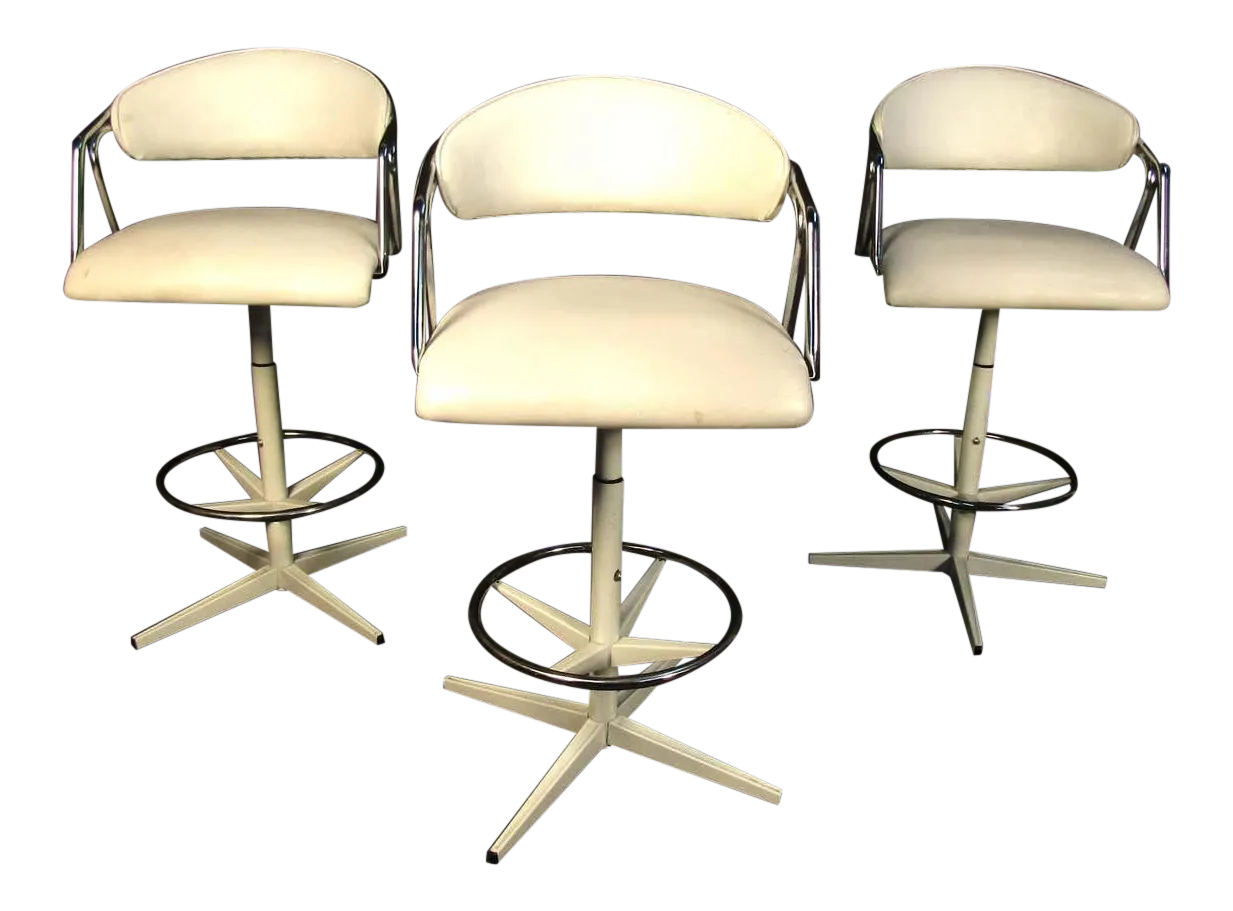 Set of Three MidCentury Modern White Bar Stools Chairish