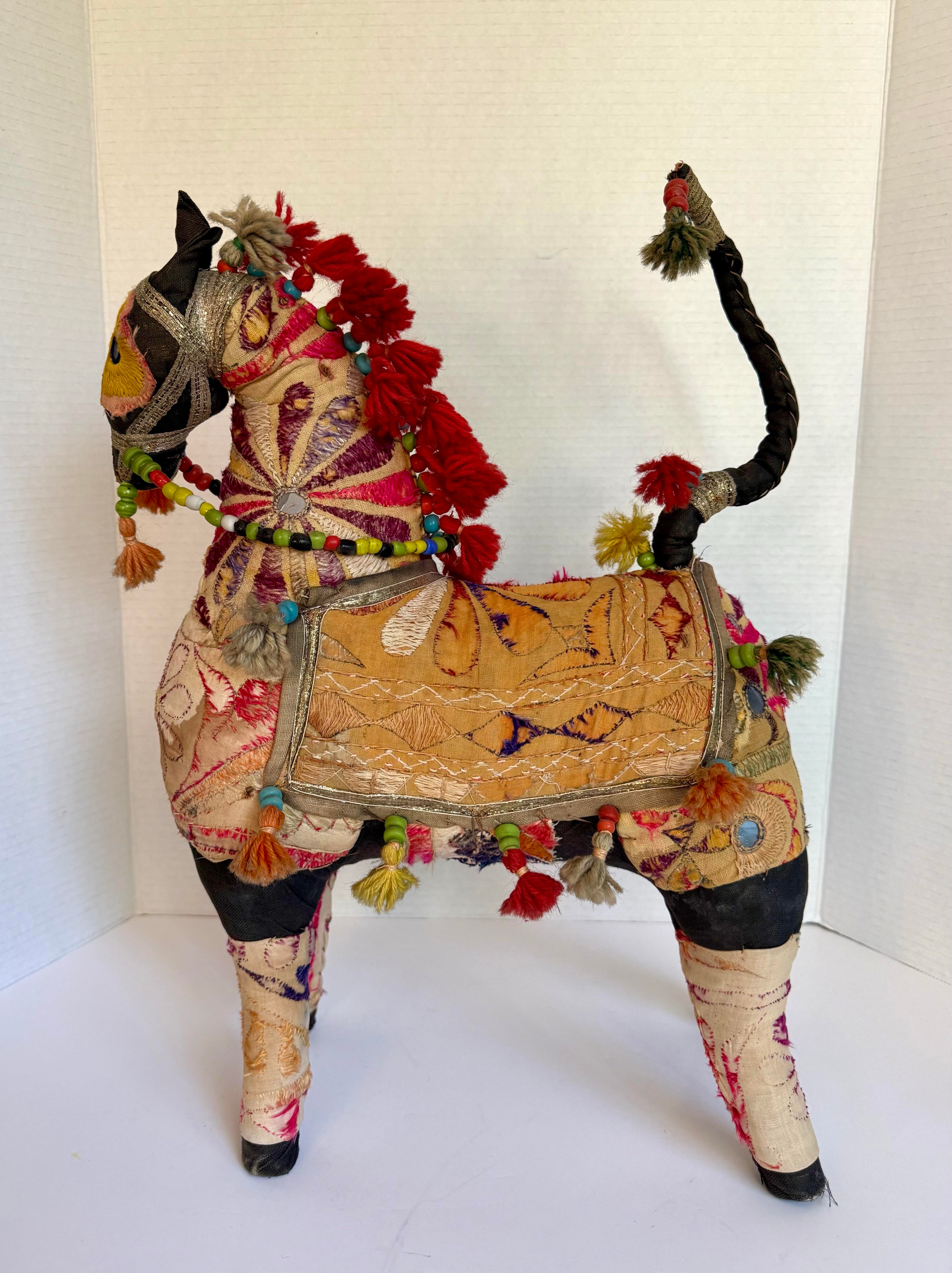 Antique Rajasthani Embroidered Textile Art Horse Figurative Sculpture