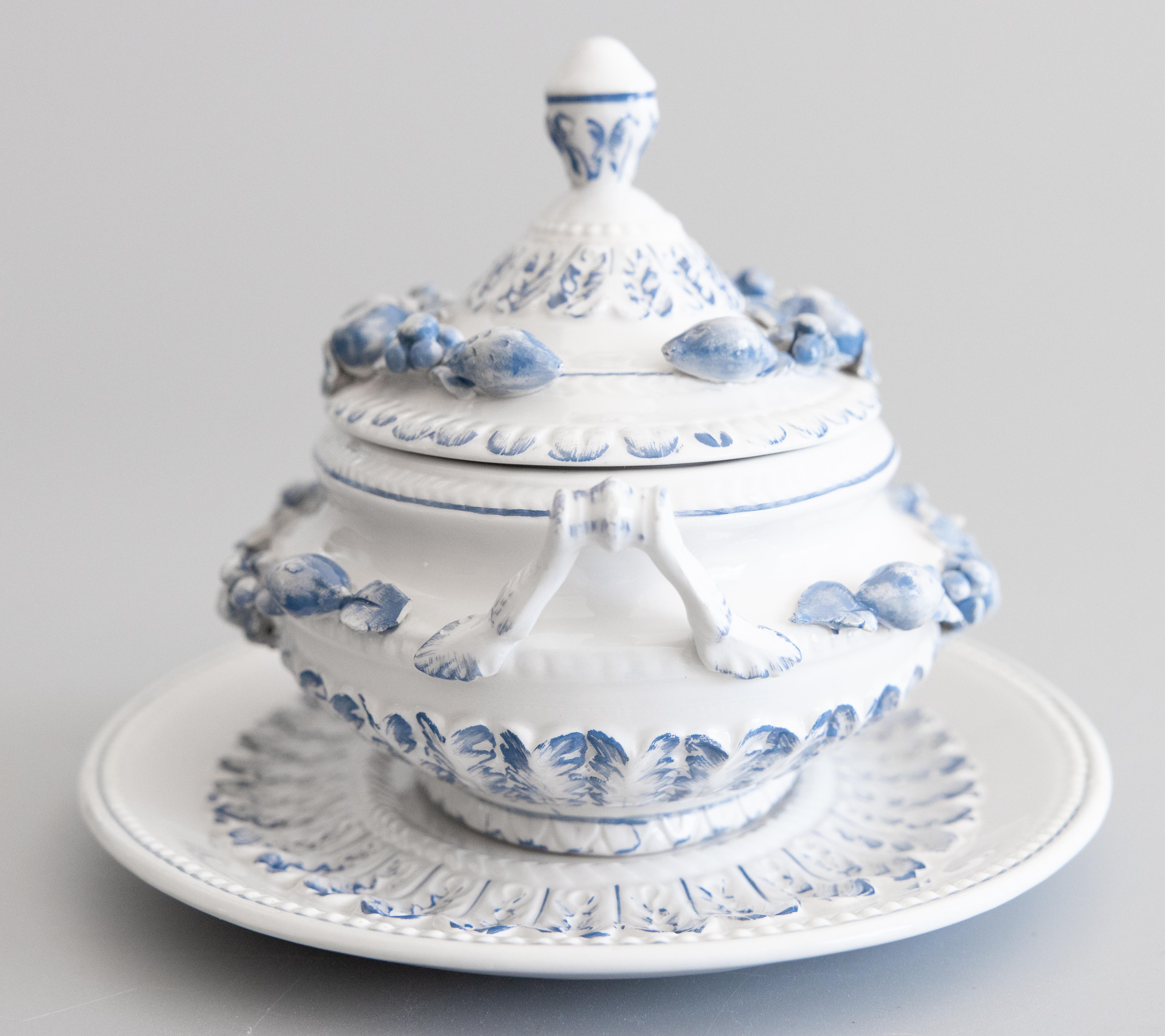 Vintage Italian Blue & White Porcelain Fruit Lidded Sauce Gravy