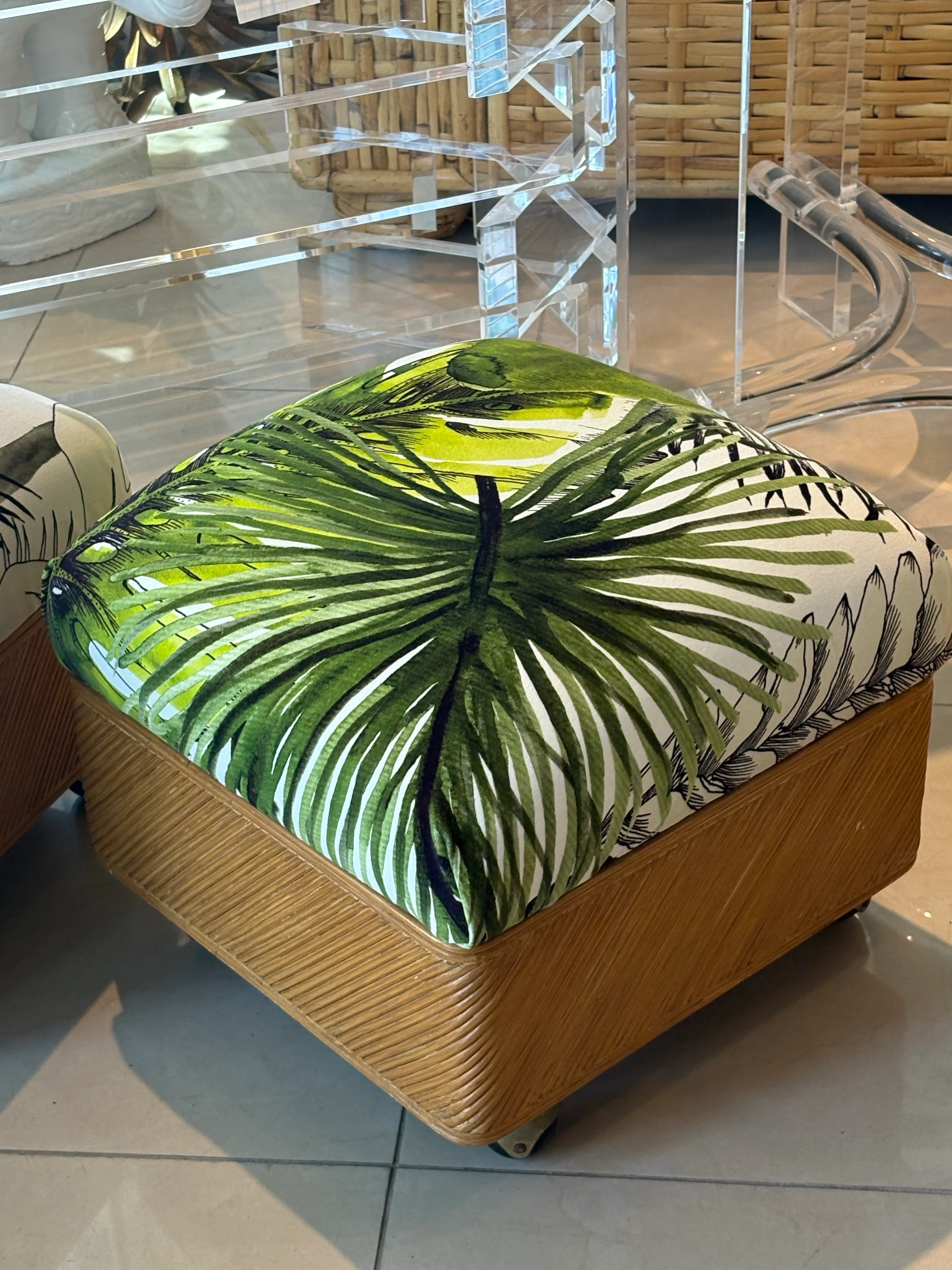 Vintage Pair Pencil Reed Rattan Benches Ottomans Stools Coastal Palm Beach
