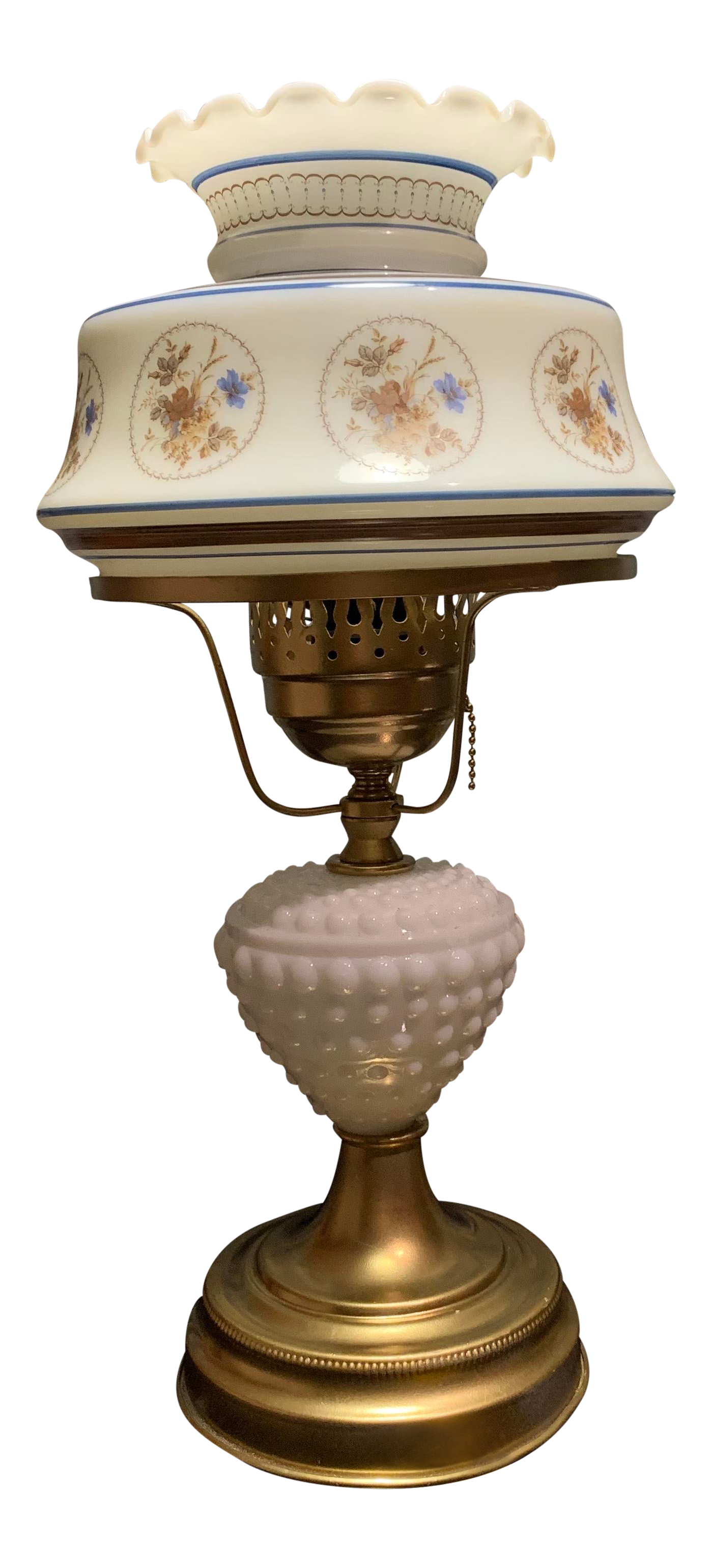 Vintage Milk Hobnail Glass Brass Hurricane Lamp With Glass Floral Shade Chairish