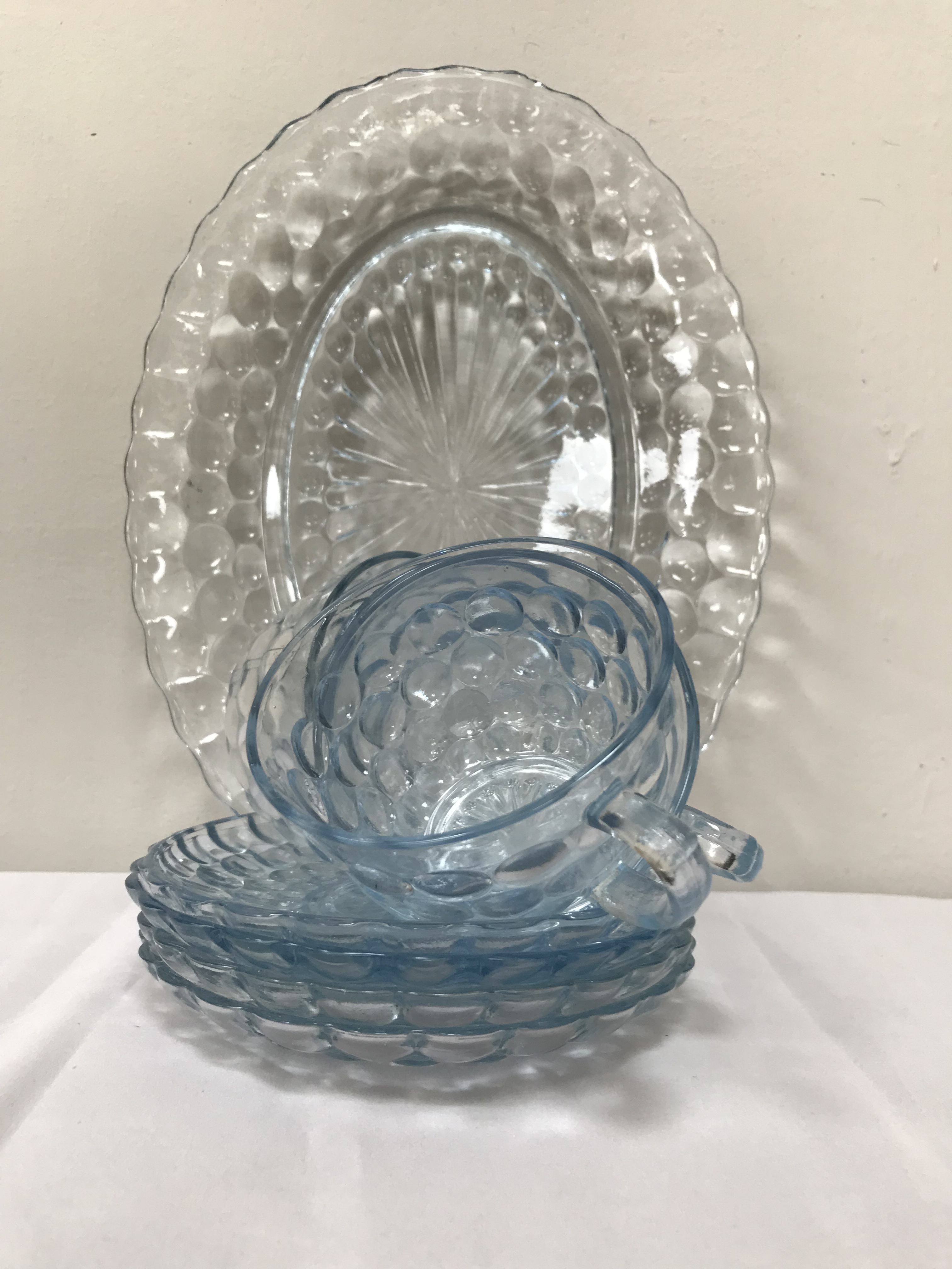 Anchor Hocking Glass BUBBLE Light Blue Cup & Saucer Depression Glassware