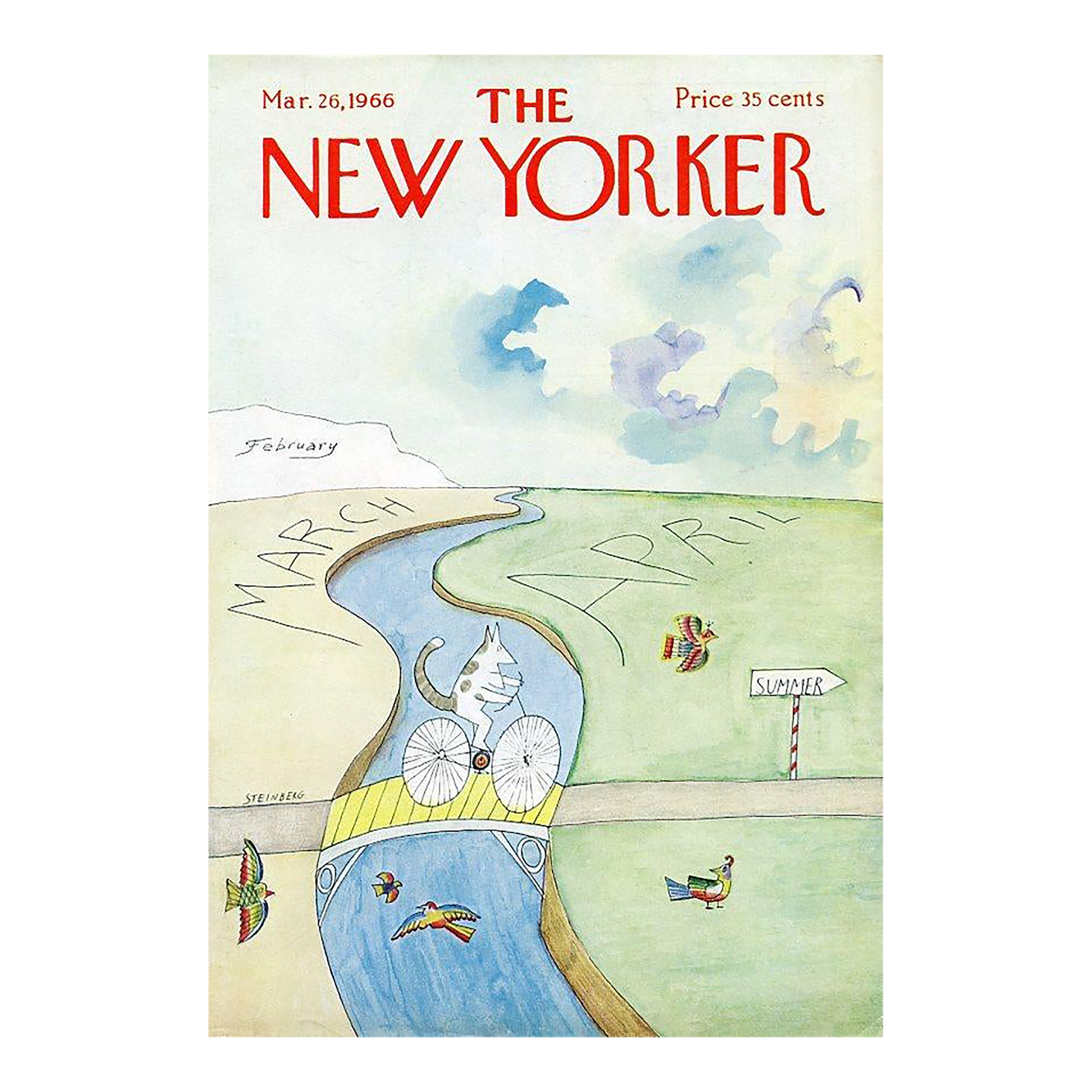 1966 Vintage New Yorker Magazine Cover, March 26, Saul Steinberg Cover Art, Seasons