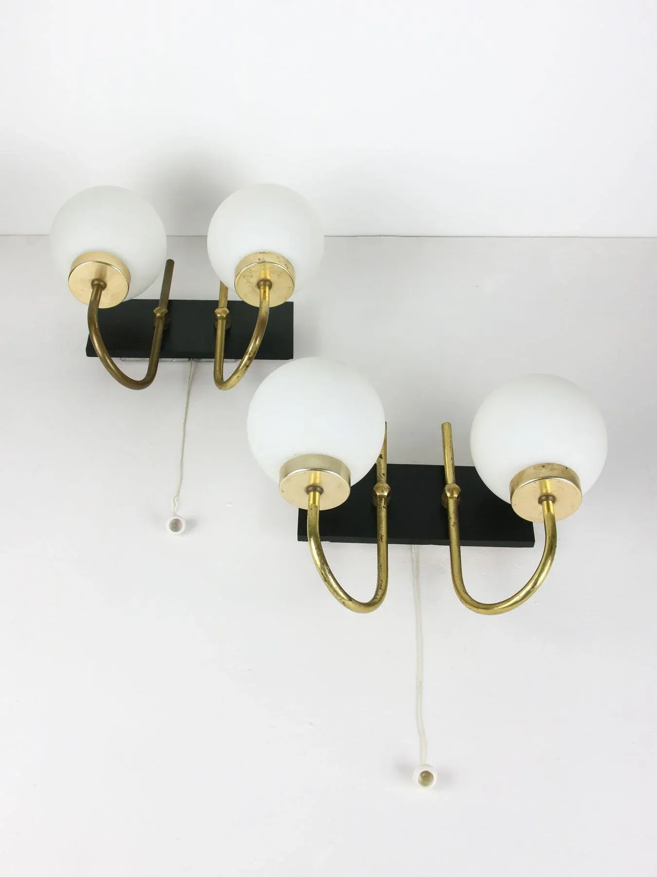Mid-Century Brass & Opaline Sconces, Set of 2
