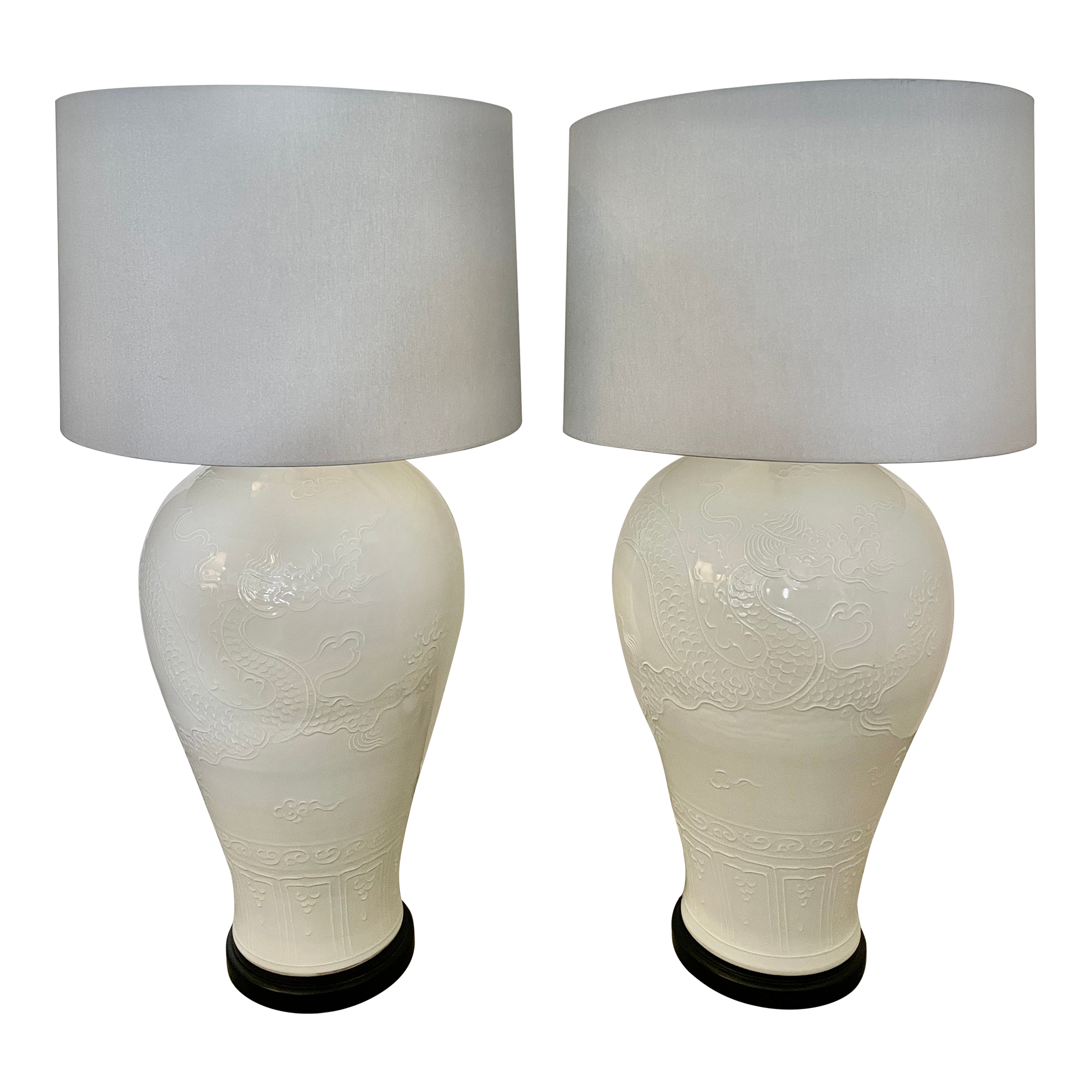 Oversize Pair of White Ceramic Asian Table Lamps With Relief Pattern