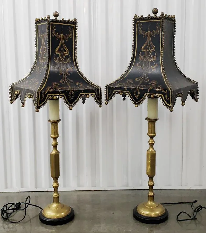 Pair of Mid-Century Black & Gold Tole Lamps With Gothic Revival