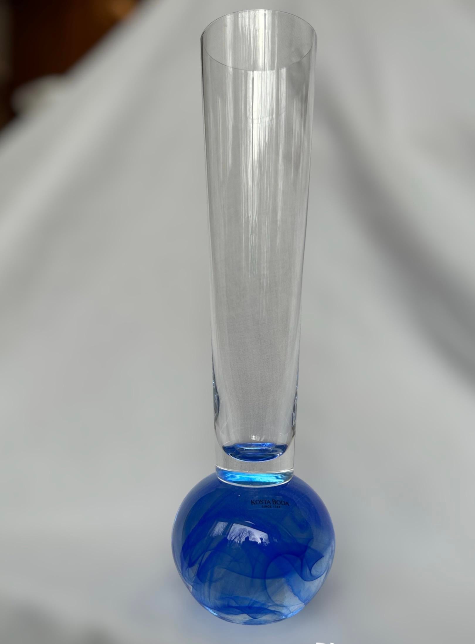 1990s Kosta Boda Cool Moon-Blue Moon Cobalt Swirl Hand Blown Art Glass Vase
