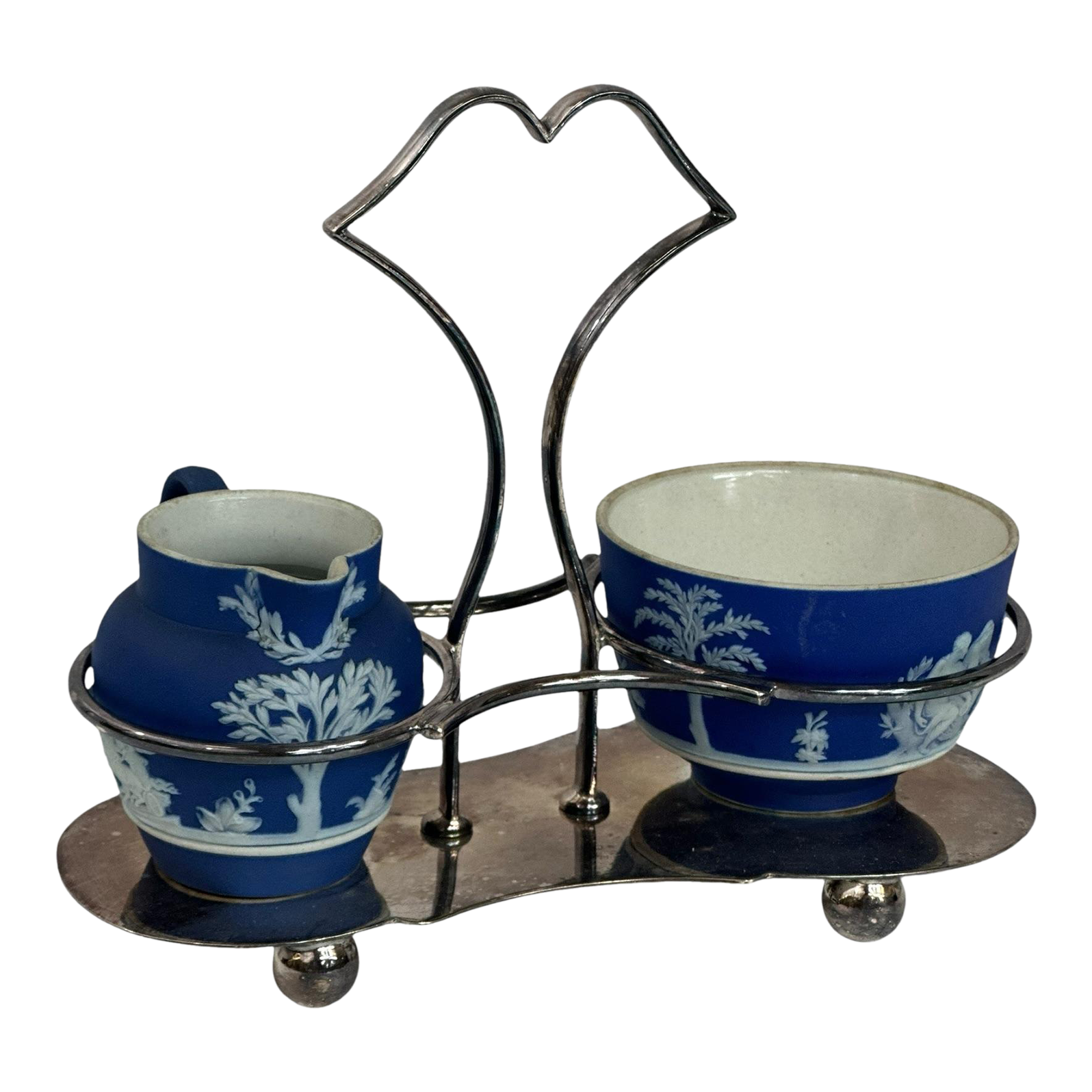 Rare Late 19th Century Wedgwood Jasperware Creamer & Sugar With Silver-Plate Stand
