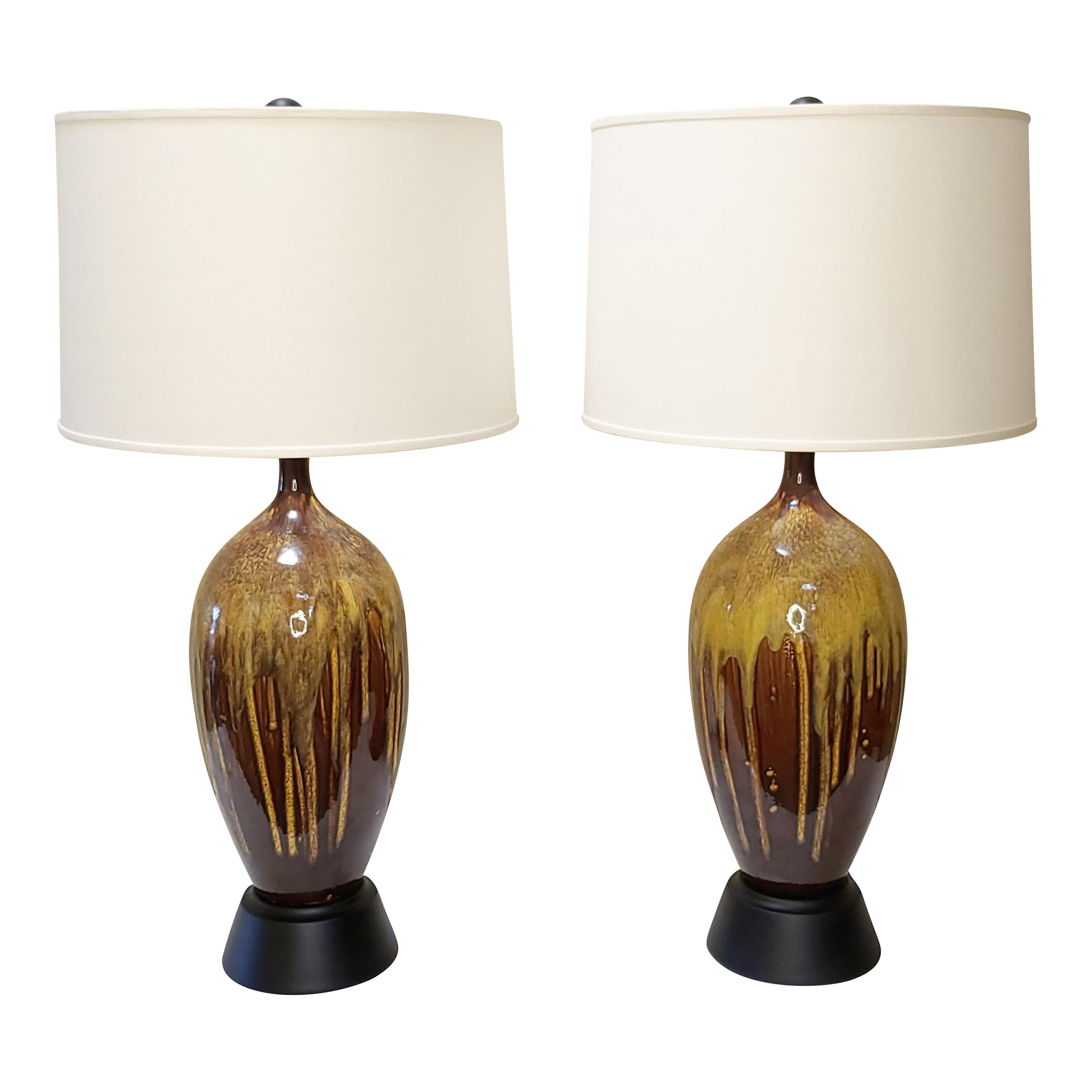 Vintage Earth Tone Glazed Pottery Lamps With Shades a Pair Chairish