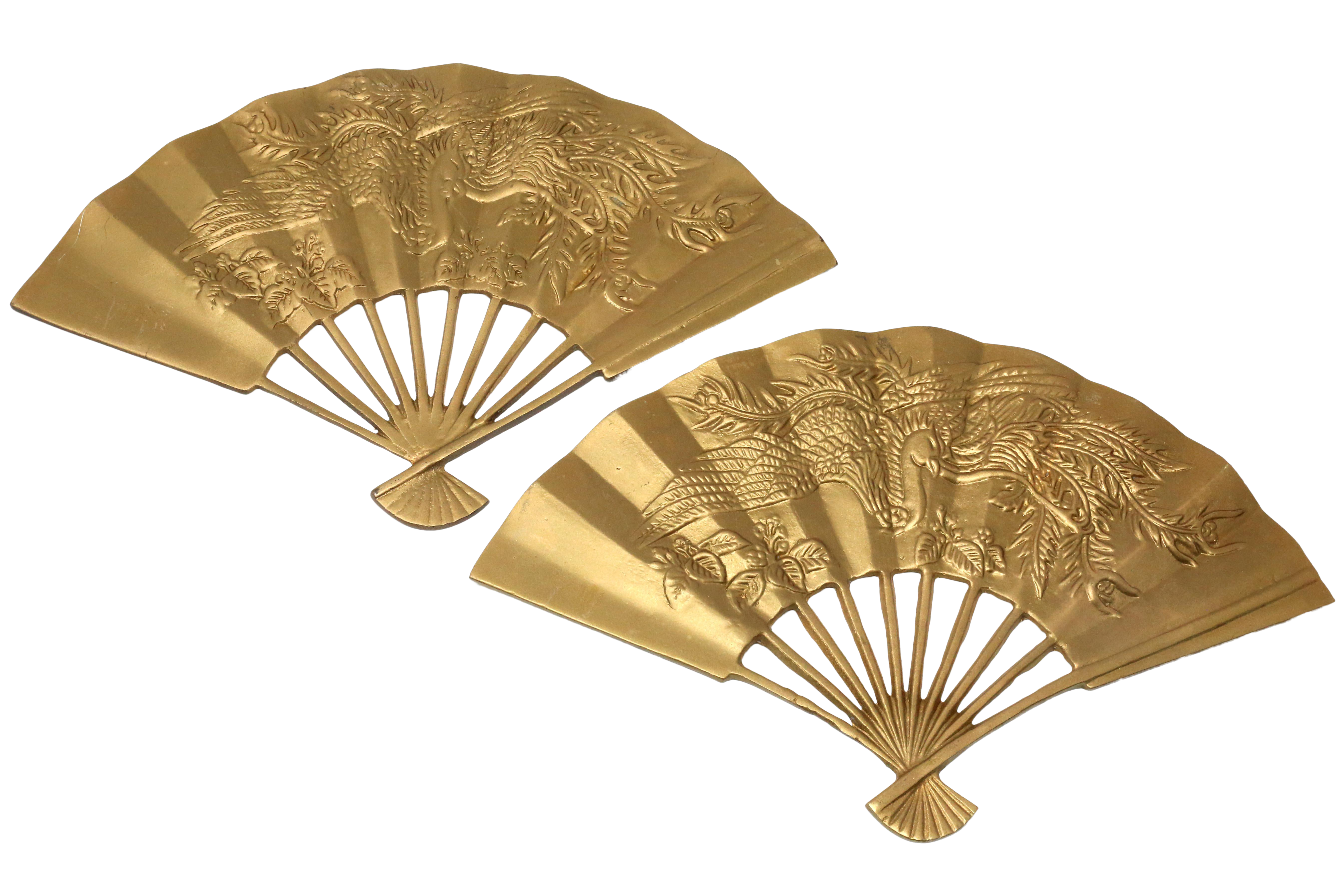 Vintage Brass Chinoiserie Phoenix Decorative Wall Fans A Pair