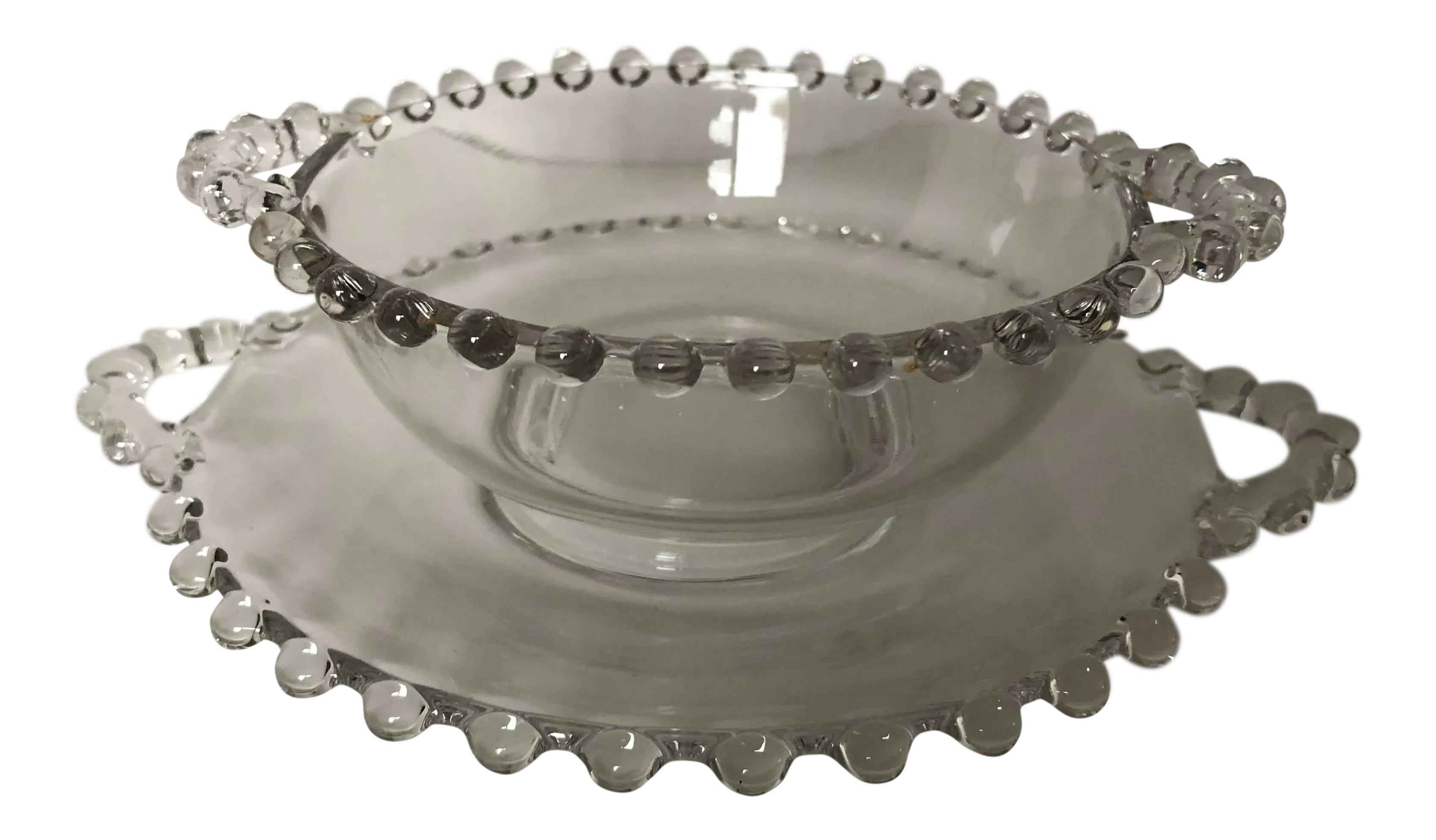 Vintage Candlewick Glass Handled Mayonnaise Sauce Bowl & Plate