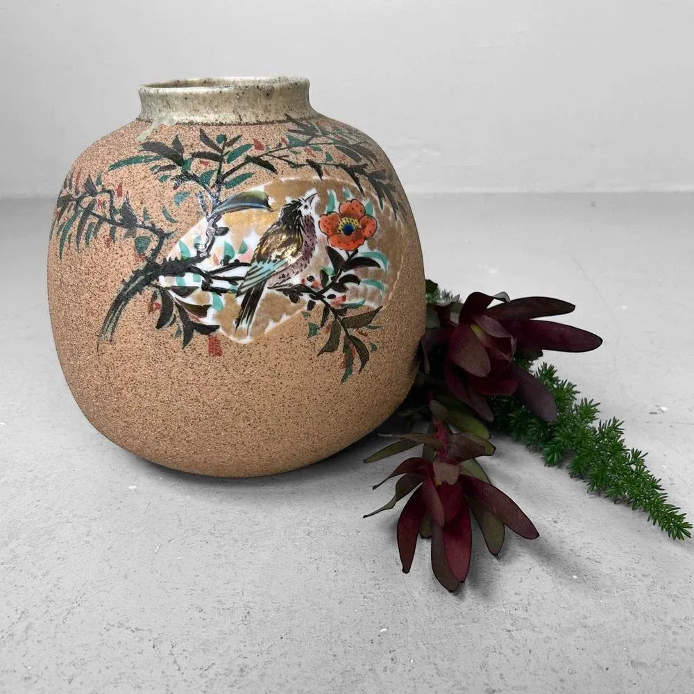 Vintage Japanese Vase with Bird and Flowers, 1960s