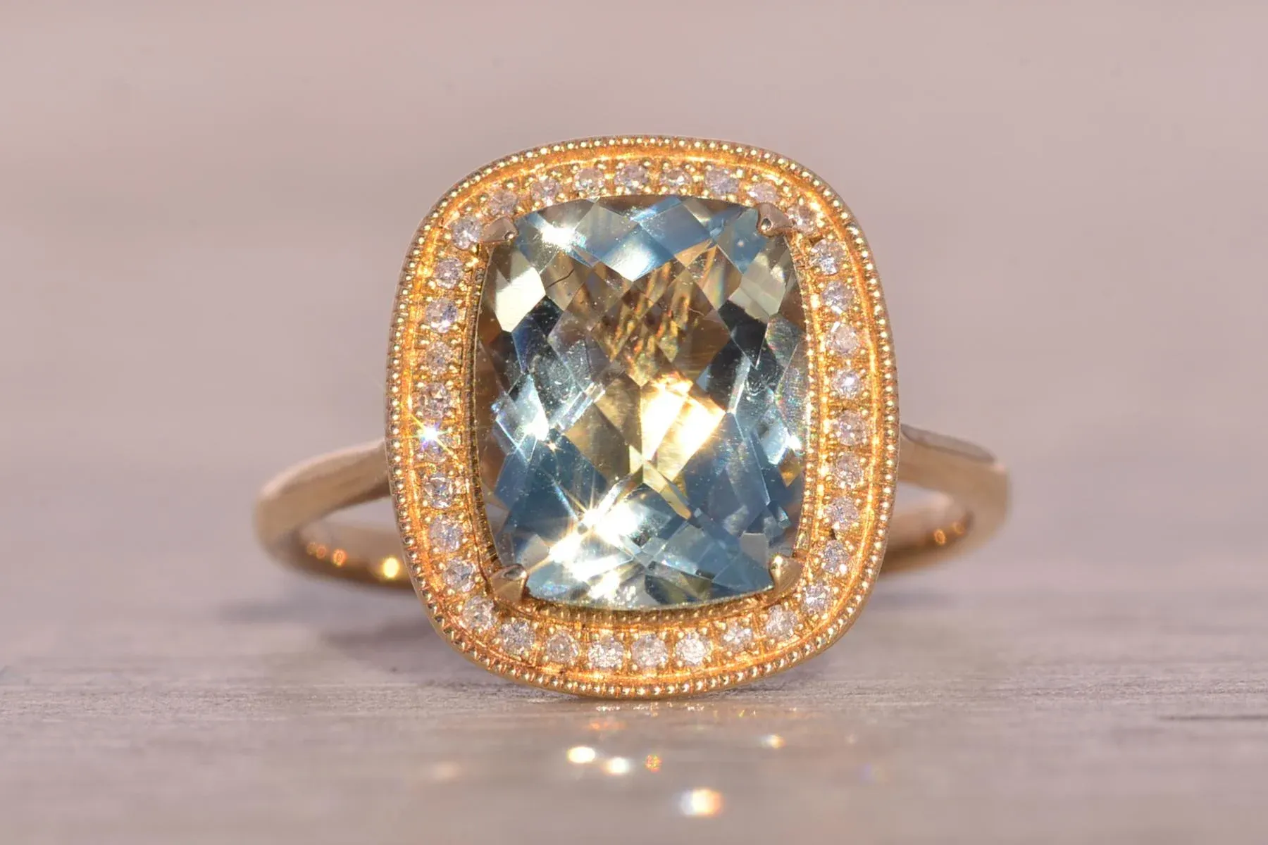Praisiolite and Natural Diamond Halo Ring in Yellow Gold main image 2