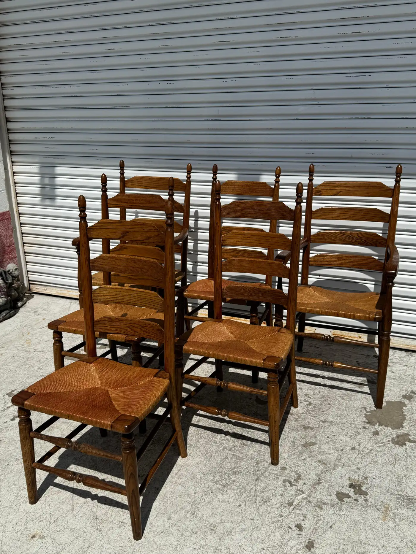 Mid 20th Century Set of 6 Rush Seat Walnut Ladderback Dining